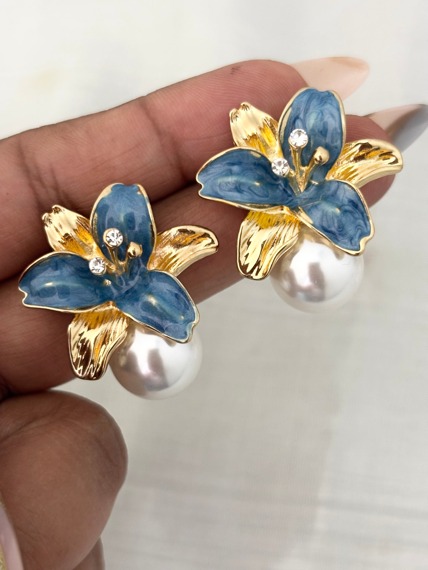 Blue Enamel Flower Pearl Earrings | Anti-Tarnish Gold Plated Studs