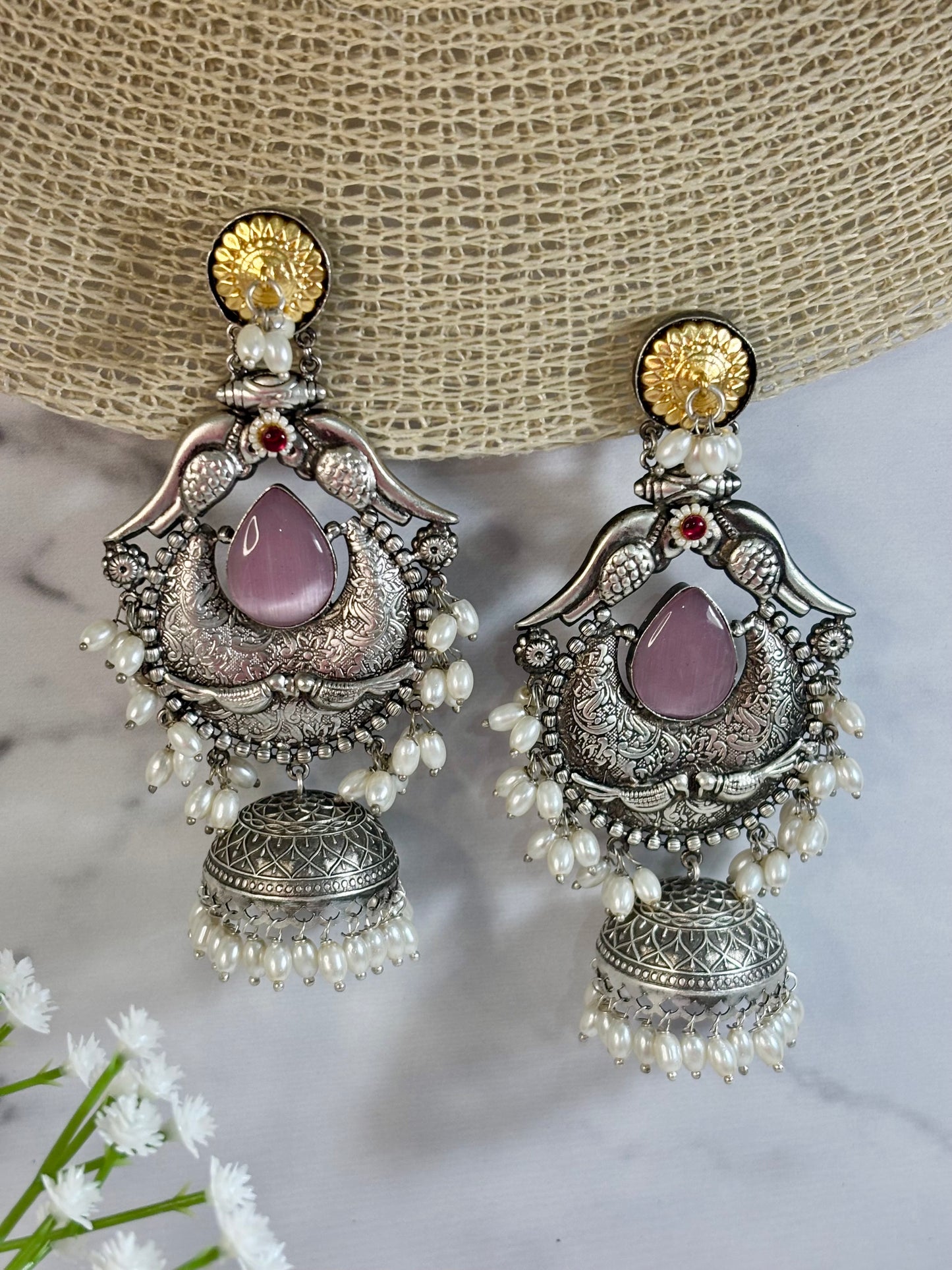 Manorama Long Jhumka Earrings (Pink) | Silver Look Alike