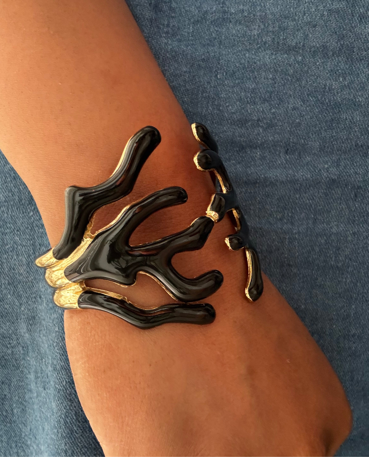 Black Enamel Coral Inspired Gold Cuff