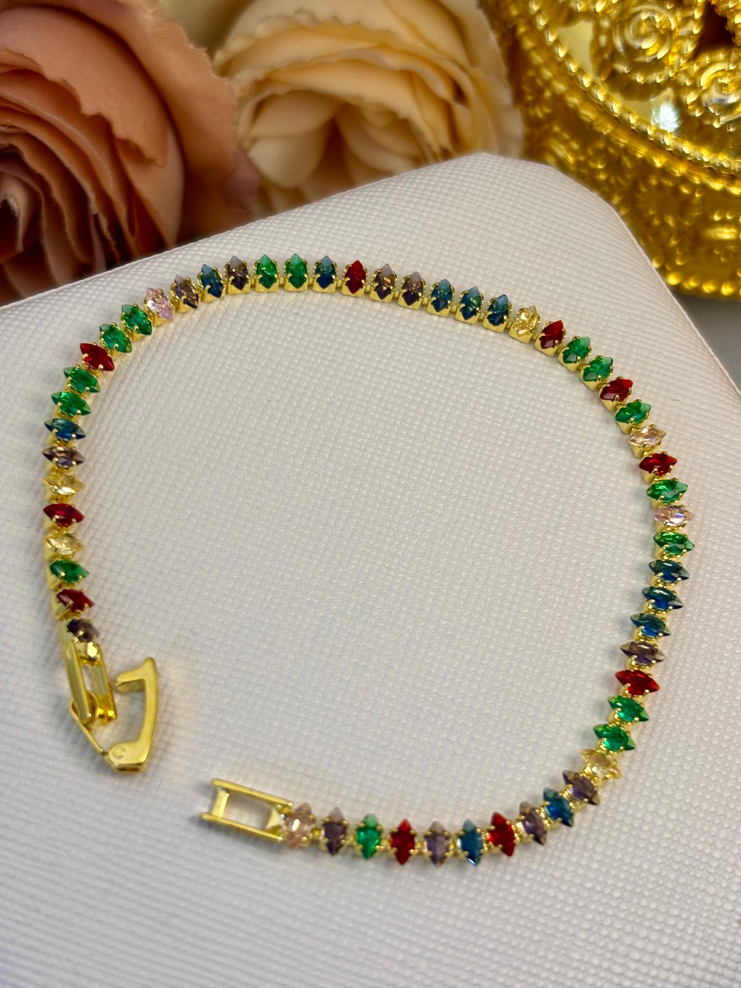 Multicolor Crystal Tennis Bracelet – Gold Anti-Tarnish