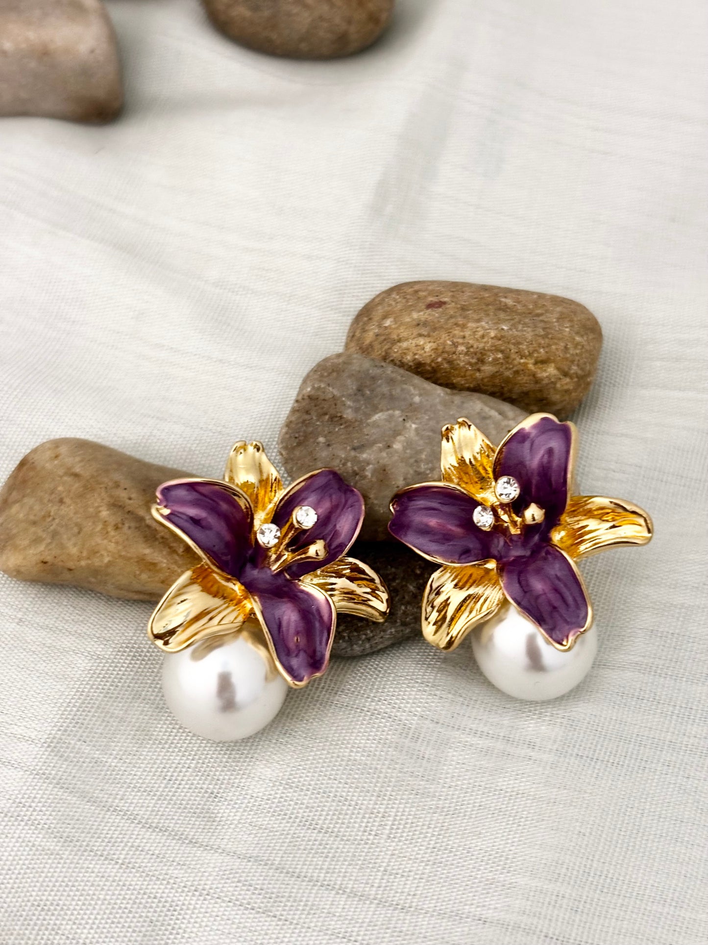 Purple Enamel Flower Pearl Earrings | Anti-Tarnish Gold Plated Studs