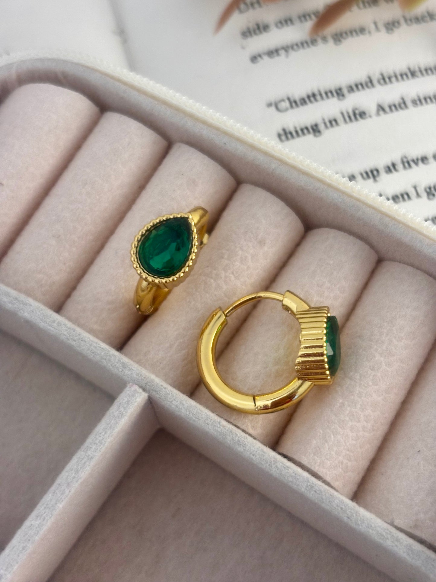 Green Stone Clicker Huggie Hoops Earrings | Stainless Steel Gold Plated