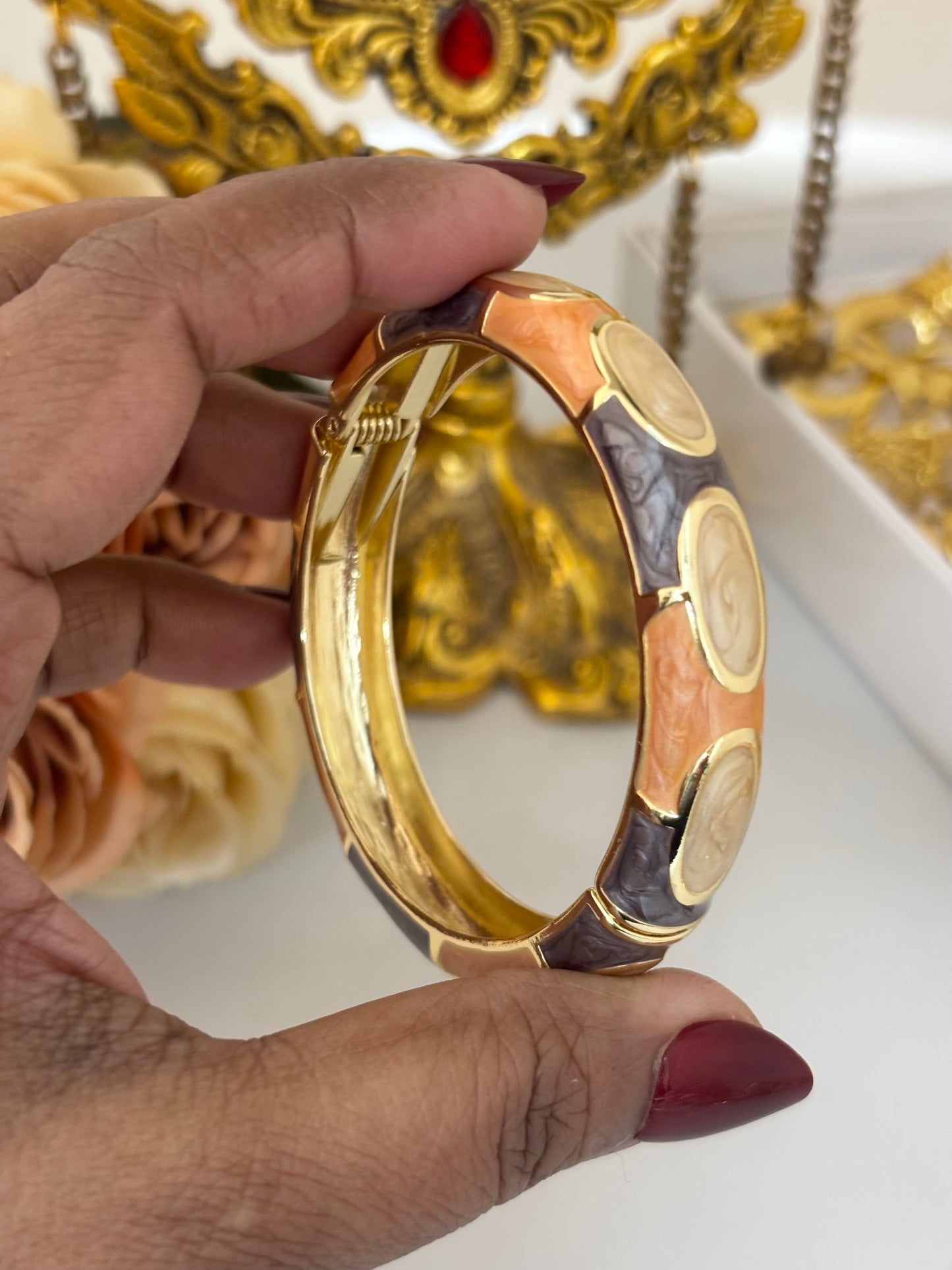 Peach Brown Gold-Tone Statement Bangle Bracelet for women