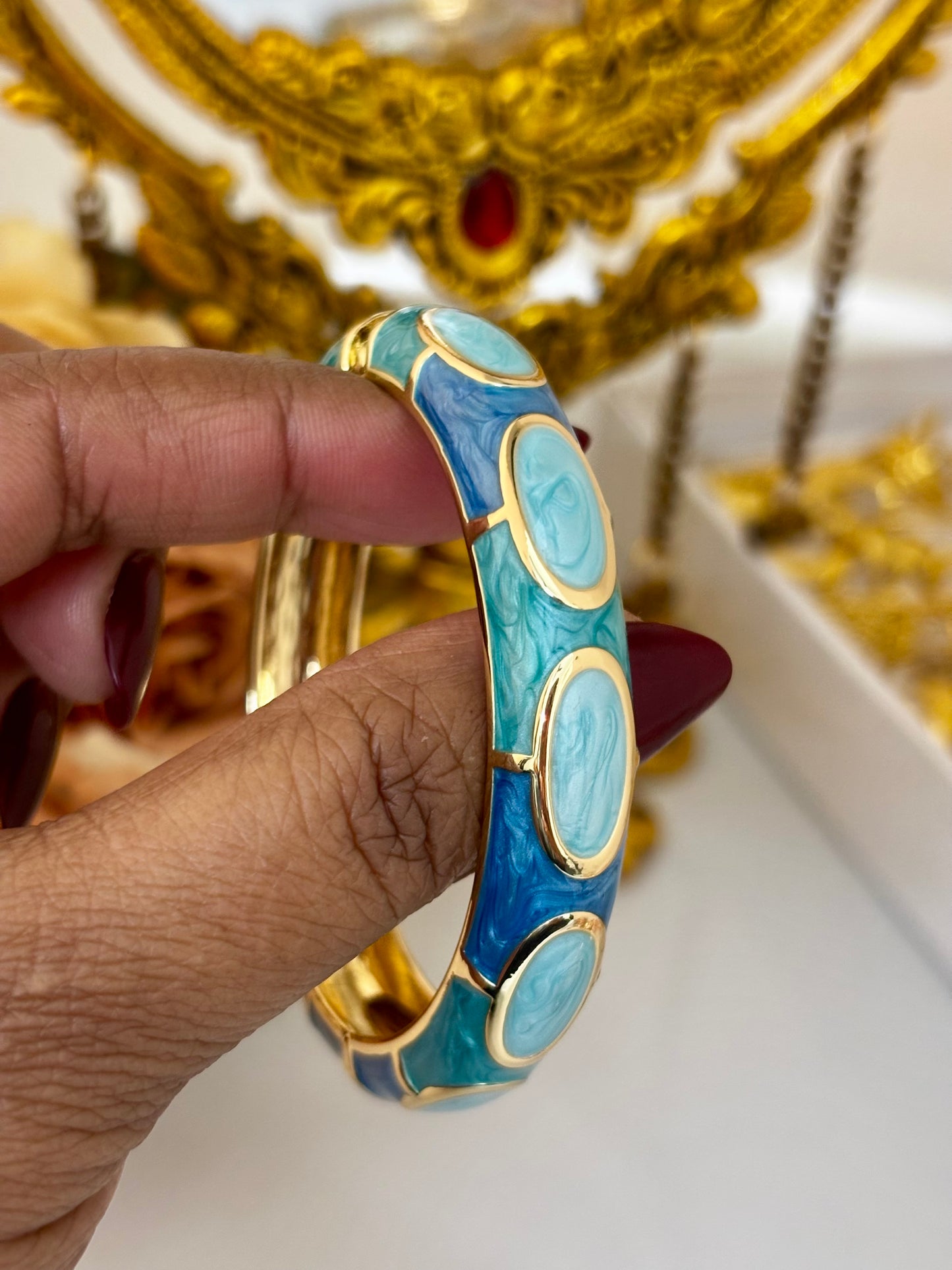 Blue Enamel Gold-Tone Statement Bangle Bracelet for women