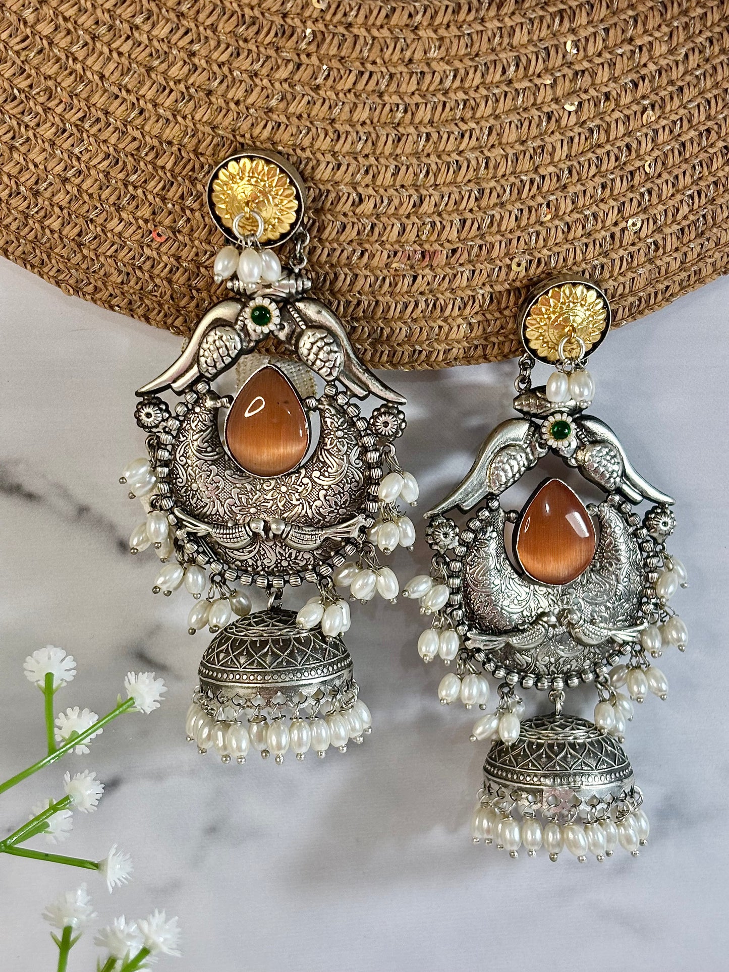 Manorama Long Jhumka Earrings (Rust) | Silver Look Alike