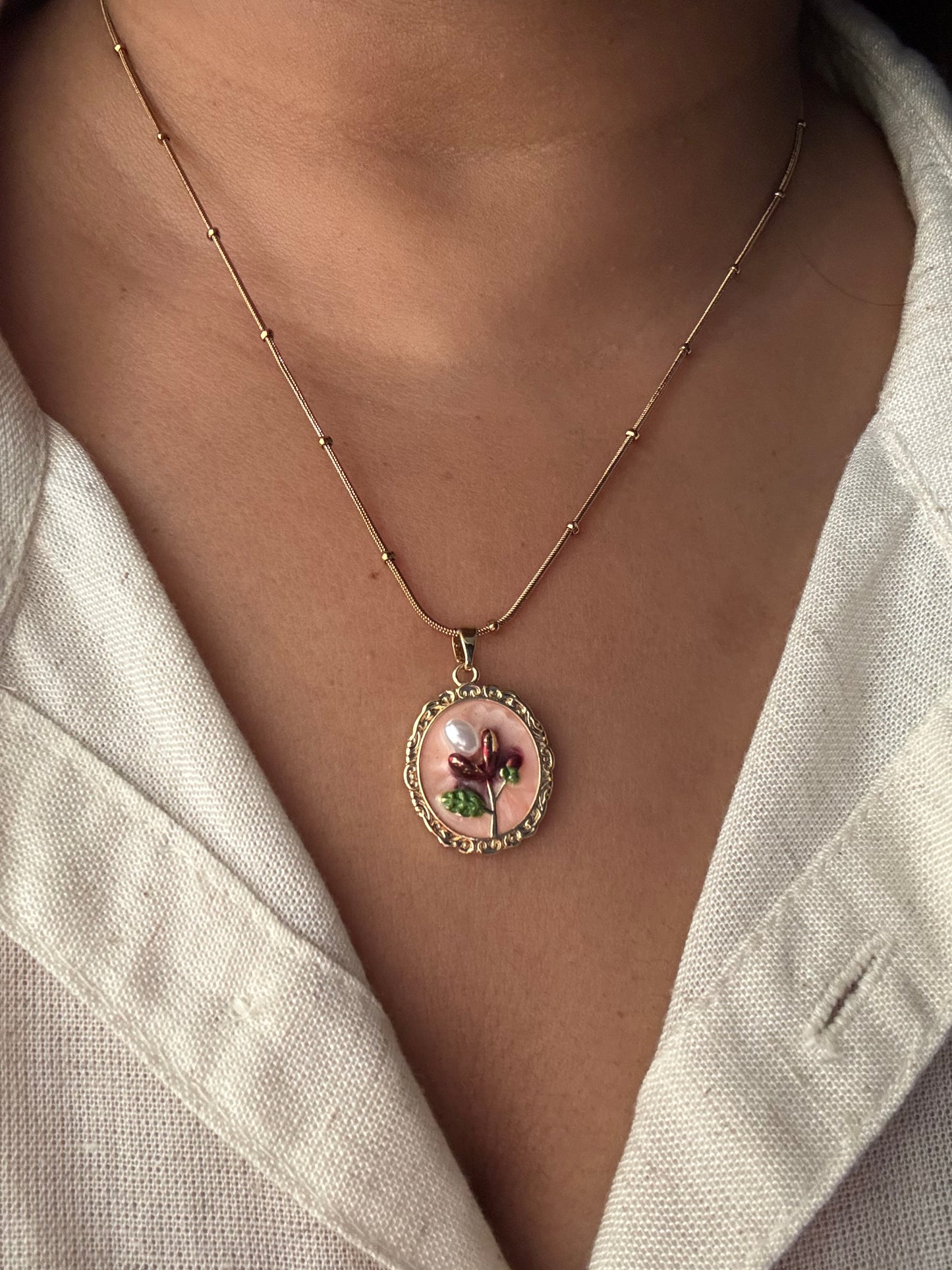 Pink Petal Vintage Frame Necklace