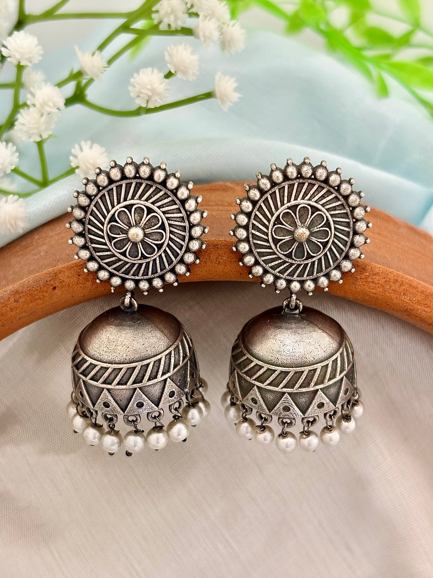 Inara Jhumkas | Rustic Silver Look Alike Earrings for Women