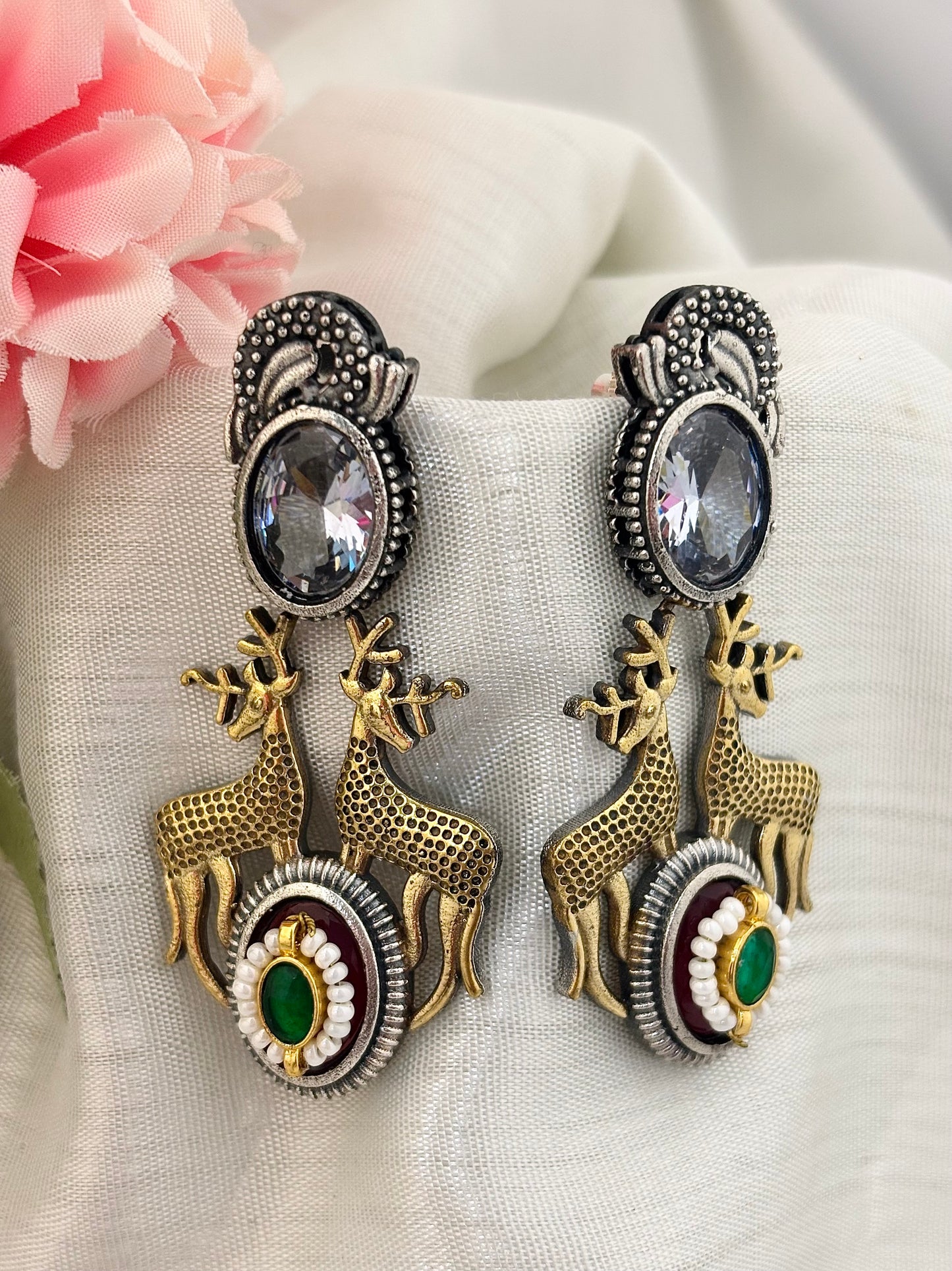 Mrignayani Silver Look Alike (White) | Deer Motifs | Pachi Kundan