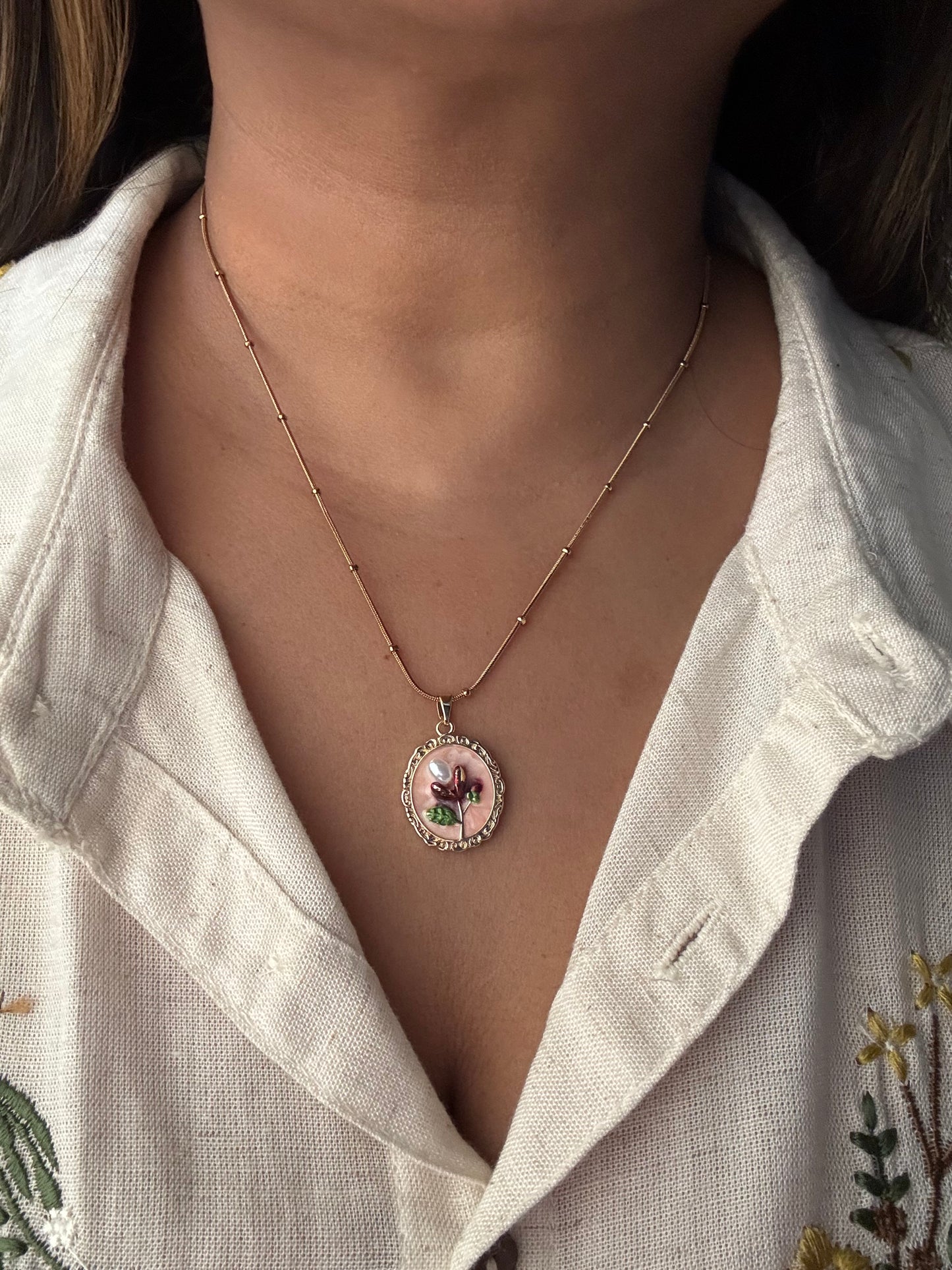 Pink Petal Vintage Frame Necklace