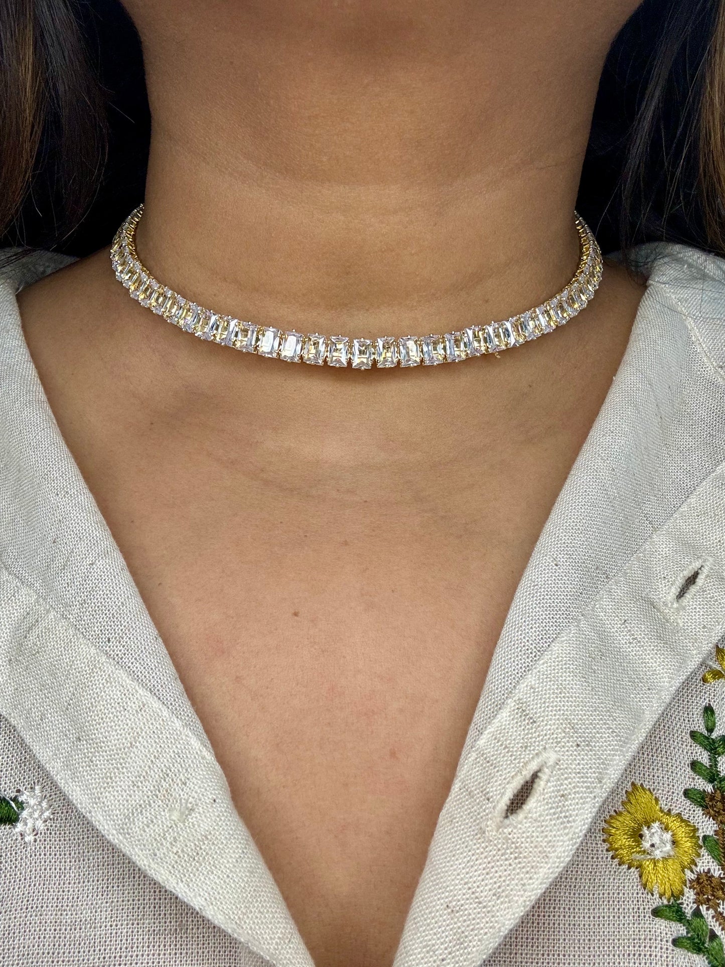 Golden Tennis Choker Necklace with Cubic Zirconia