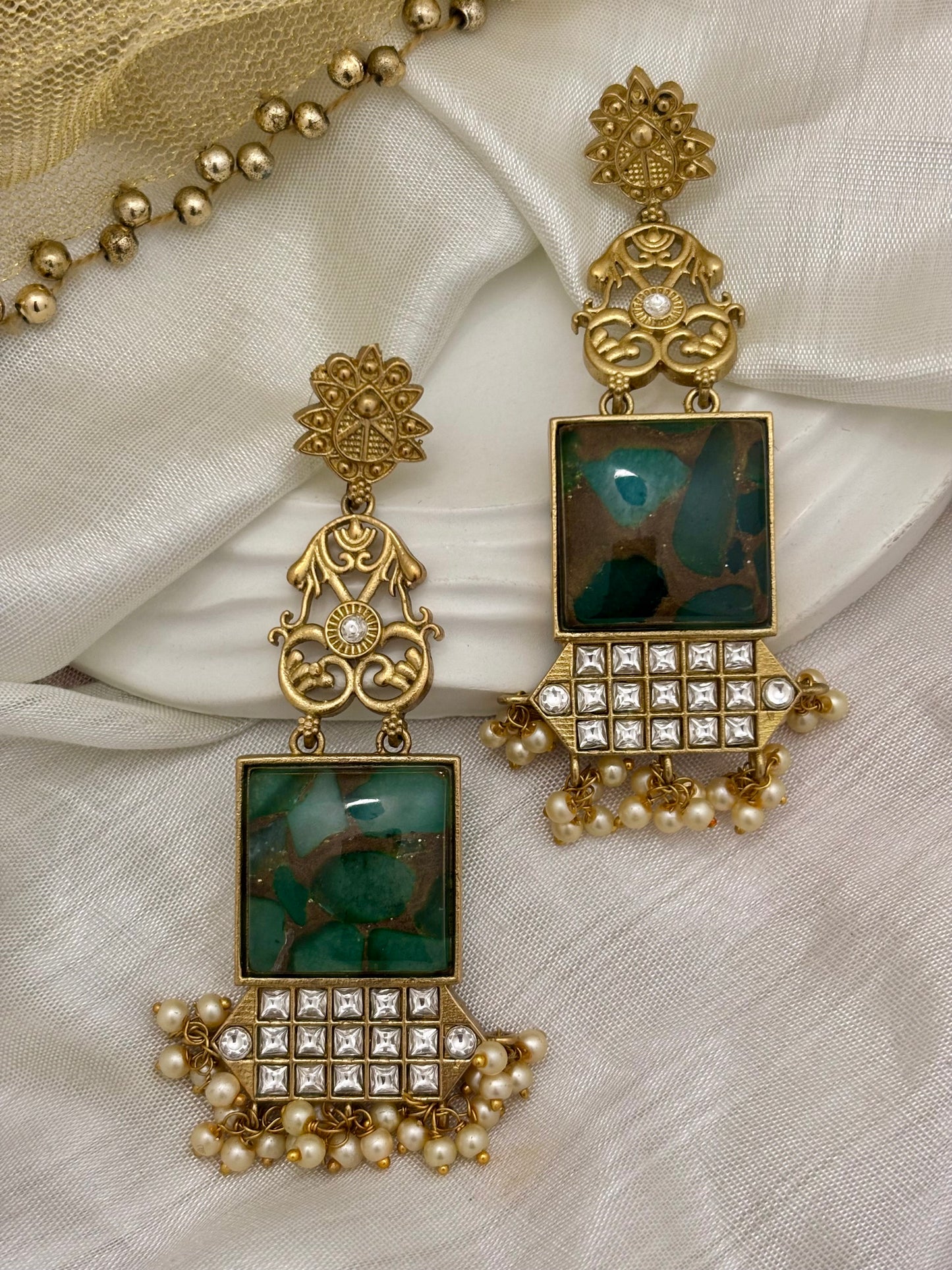 Rajeshwari (Green) Copper Based Ethnic Earrings