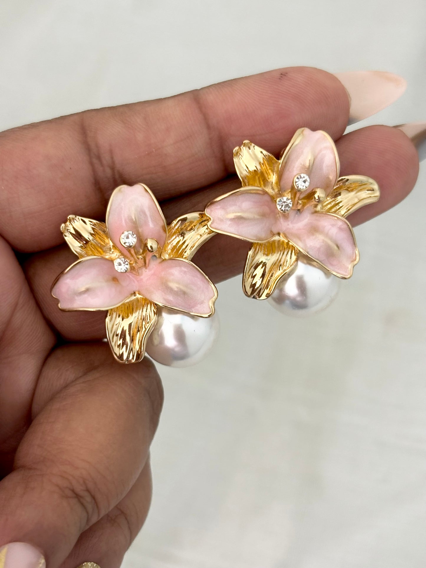 Pink Enamel Flower Pearl Earrings | Anti-Tarnish Gold Plated Studs