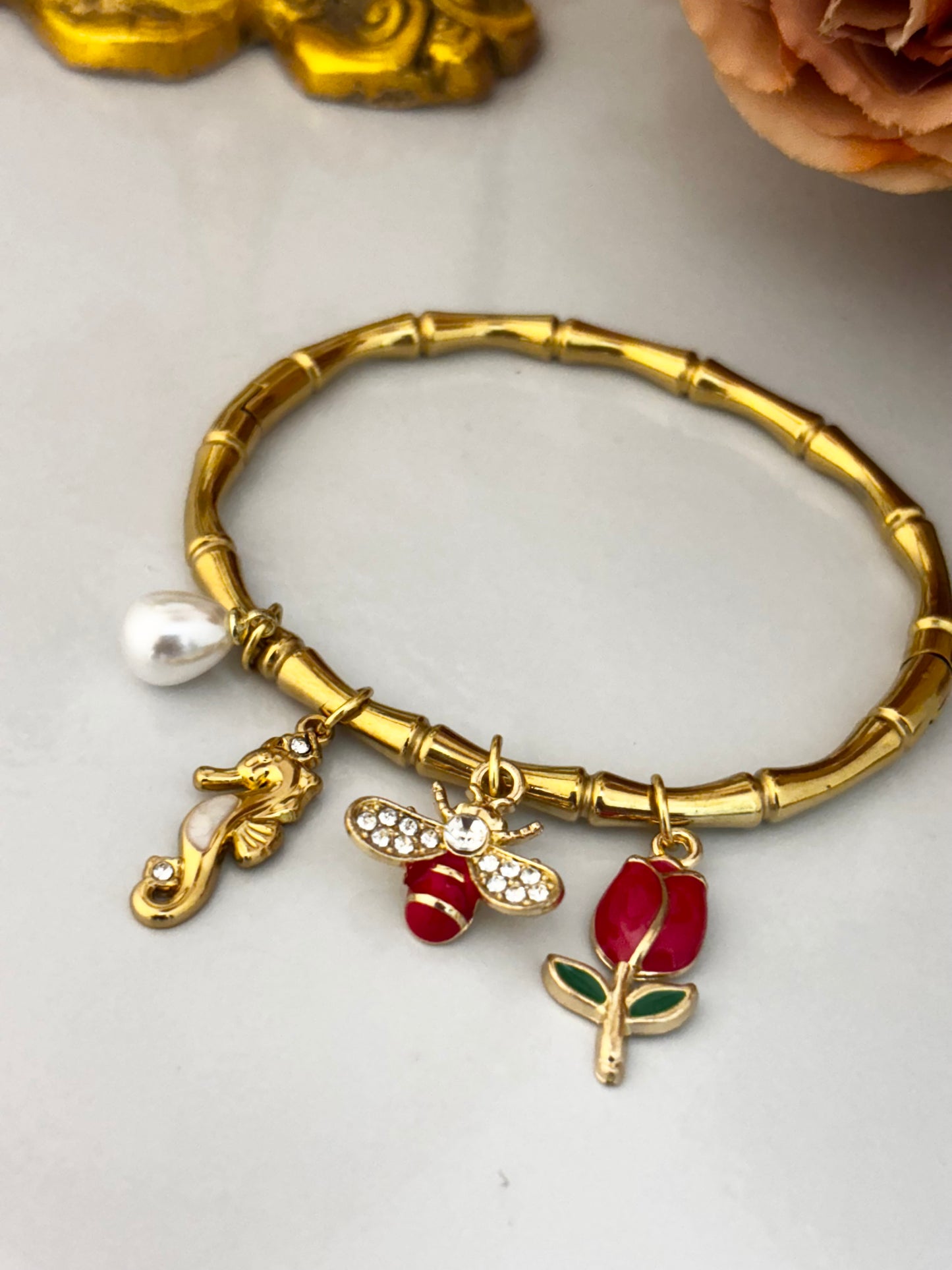 Bee & Seahorse Charm Kada Bracelet | Anti Tarnish