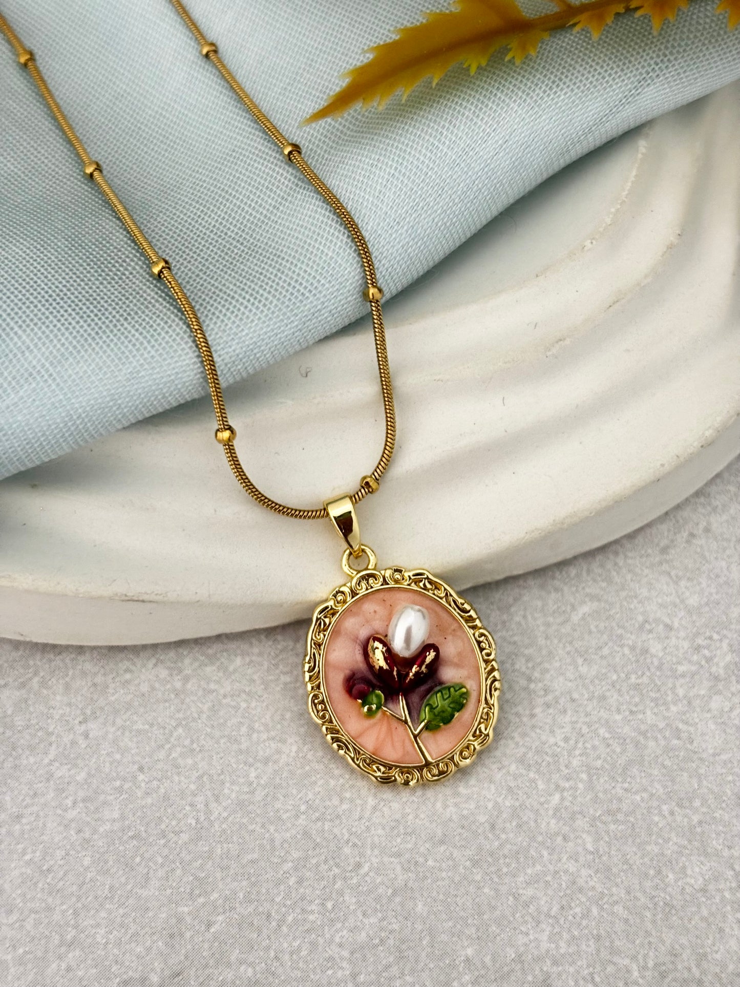 Pink Petal Vintage Frame Necklace