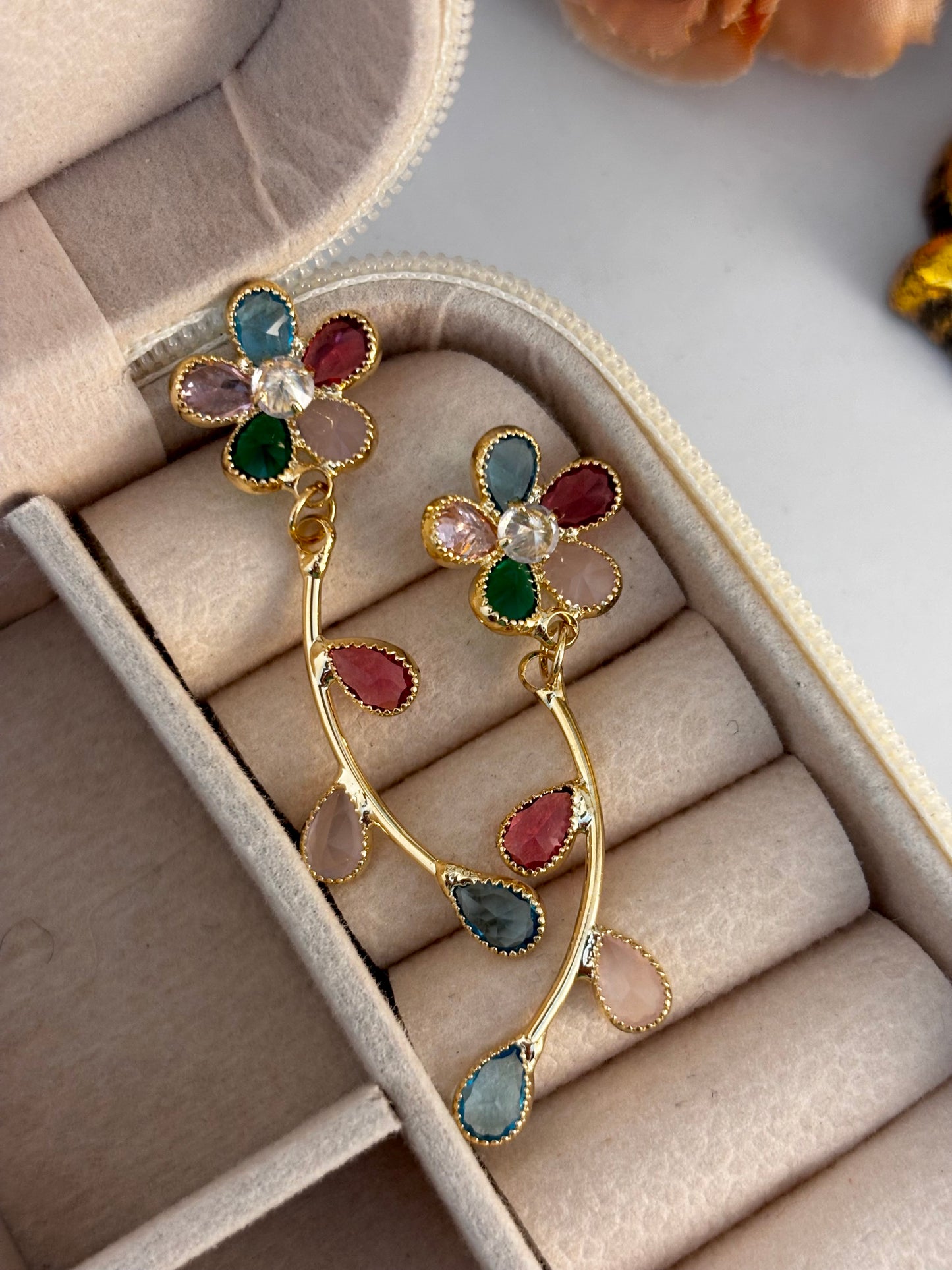 Multicolor Floral Dangle Stone Statement Stud Earrings