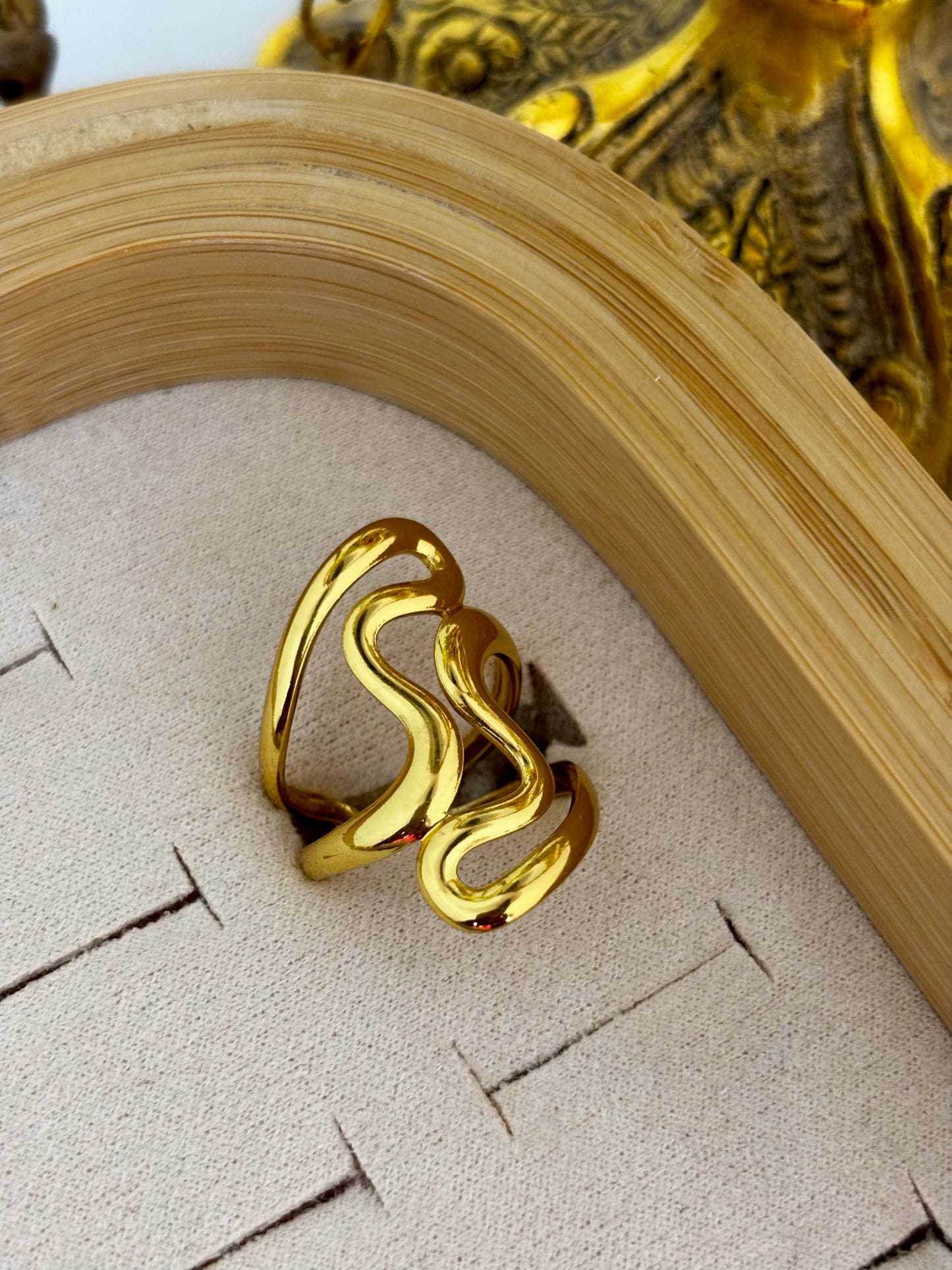 Abstract Wave Gold Statement Ring for Women