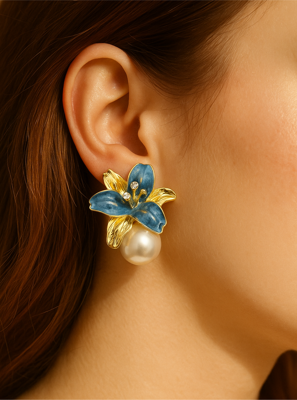 Blue Enamel Flower Pearl Earrings | Anti-Tarnish Gold Plated Studs