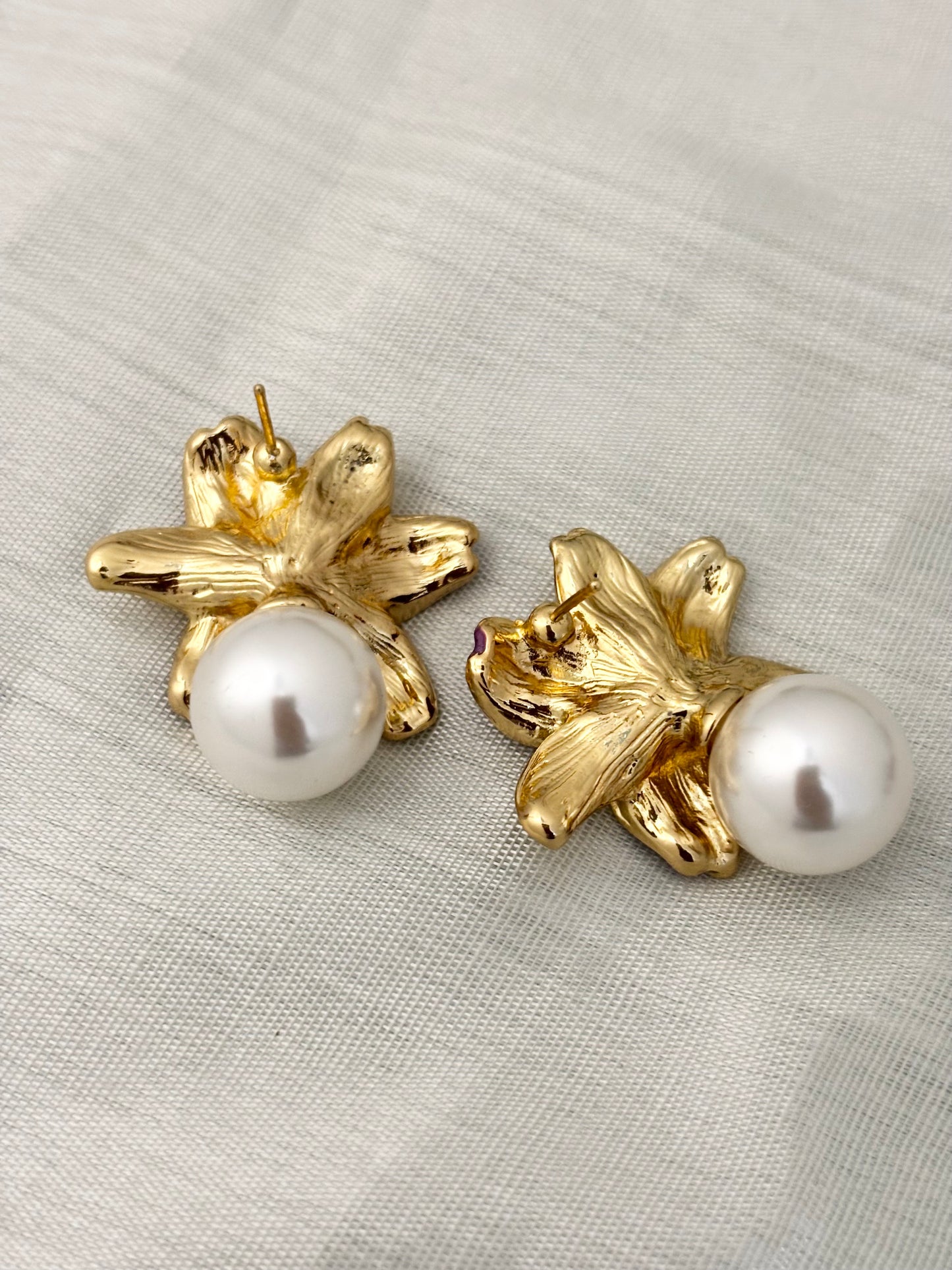 Purple Enamel Flower Pearl Earrings | Anti-Tarnish Gold Plated Studs