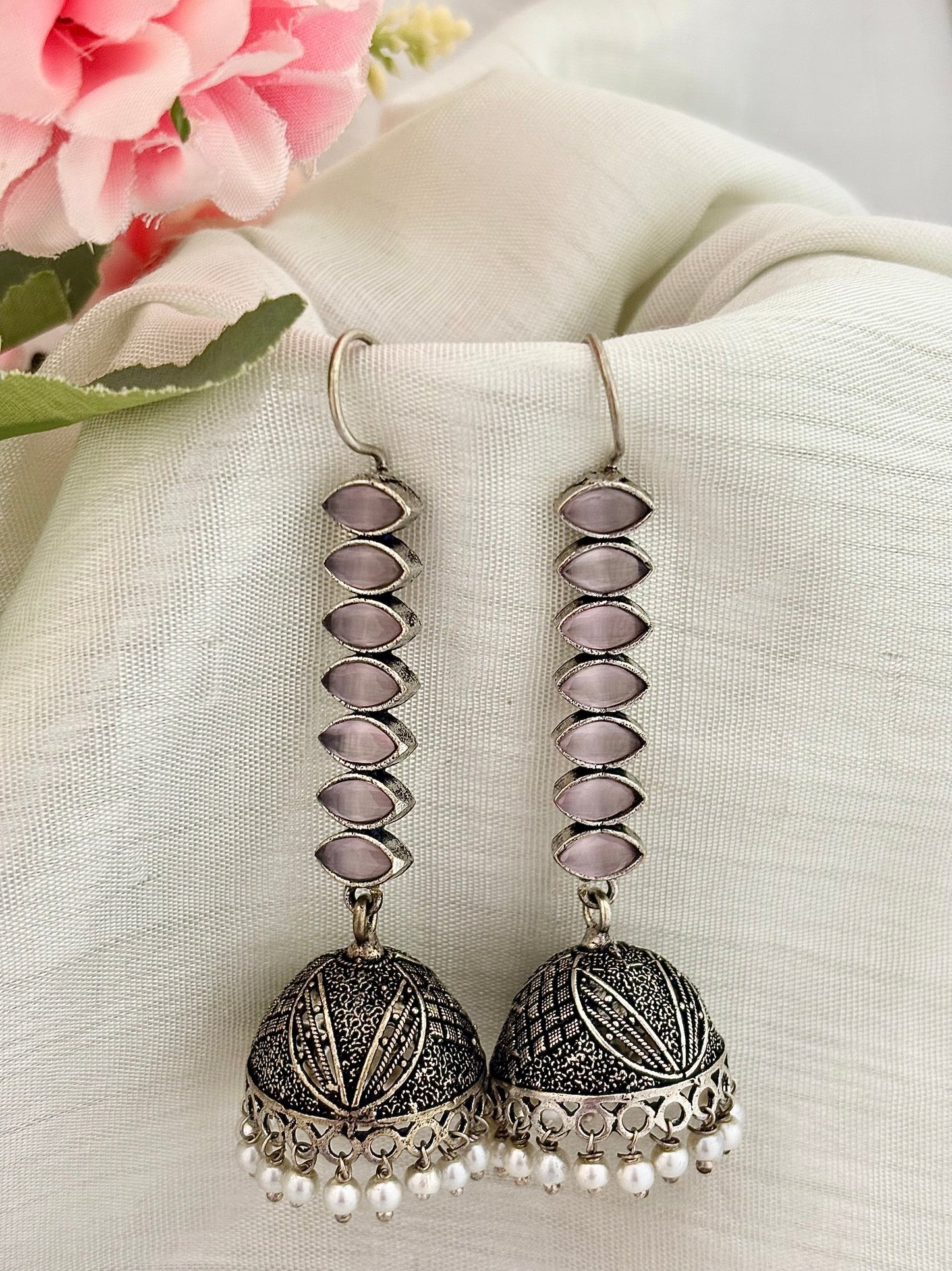Zia Silver Jhumkas (Pink)