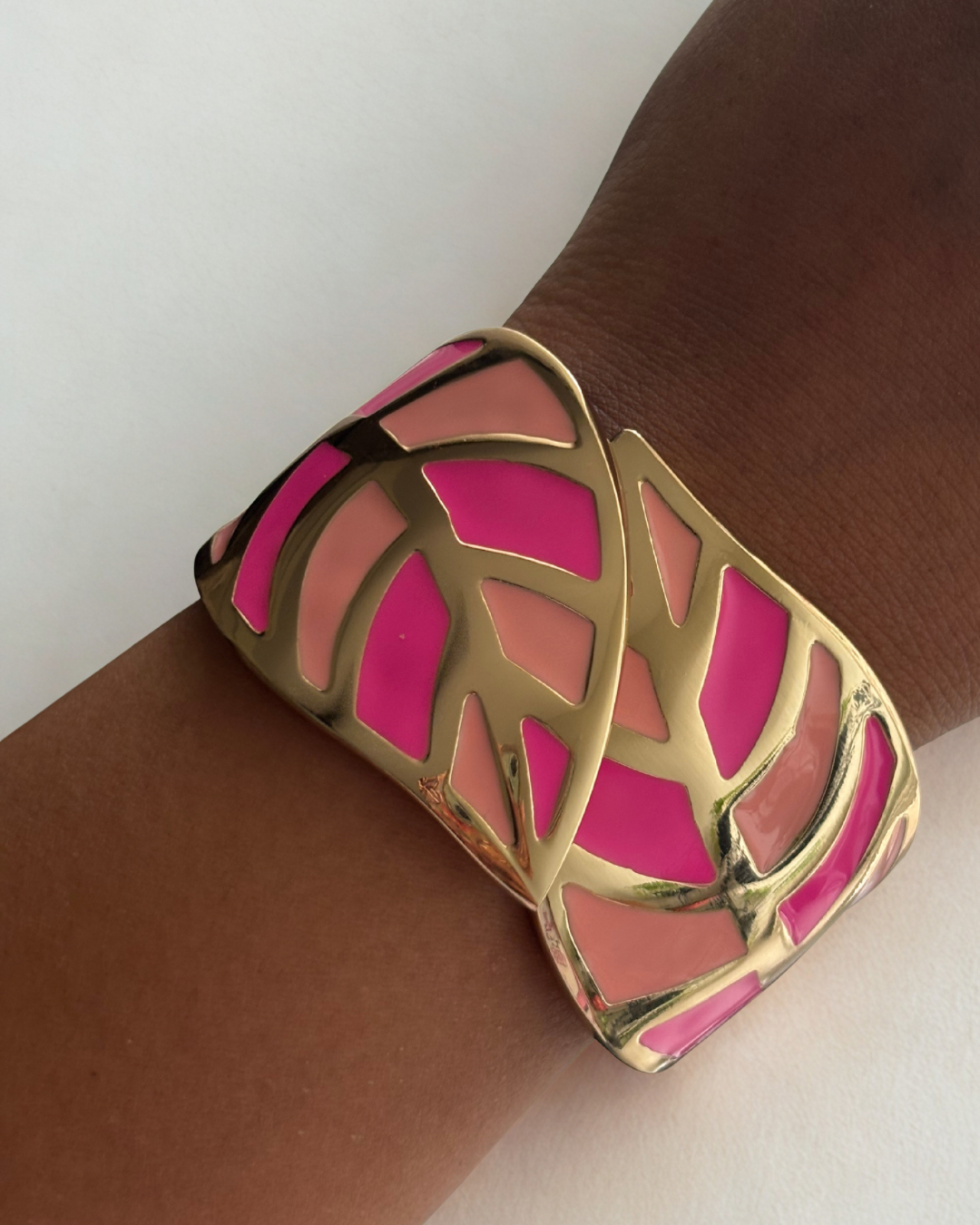 Pink and Peach Enamel Mosaic Gold Cuff Bracelet