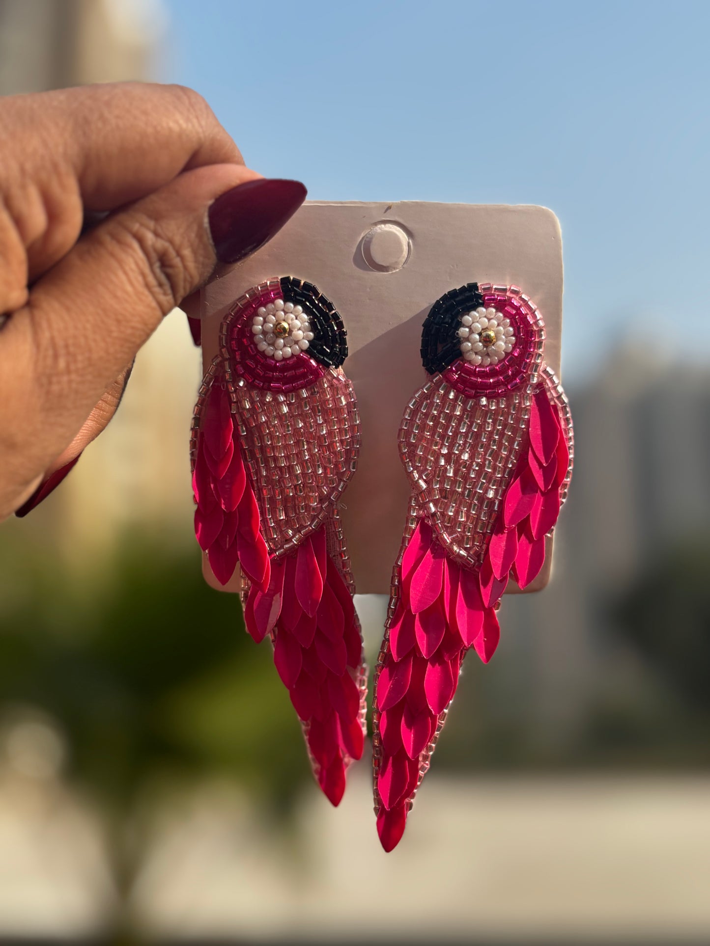 Handmade Hot Pink Parrot Beaded Statement Earrings