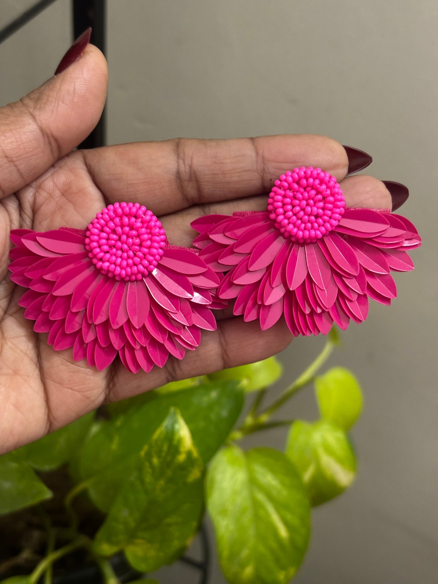 Fushia Beaded Petal Flower Handmade Earrings