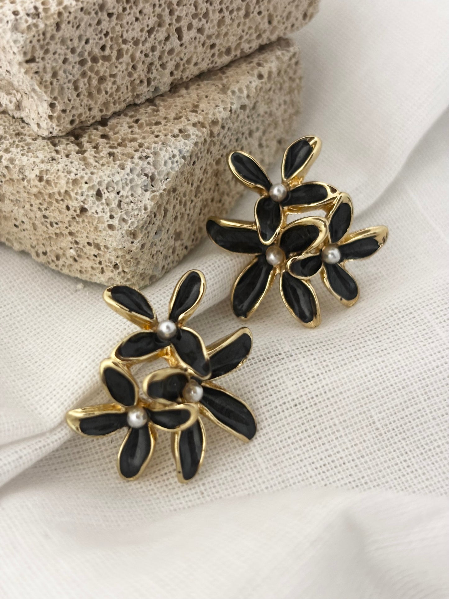 Black Enamel Flower Cluster Earrings