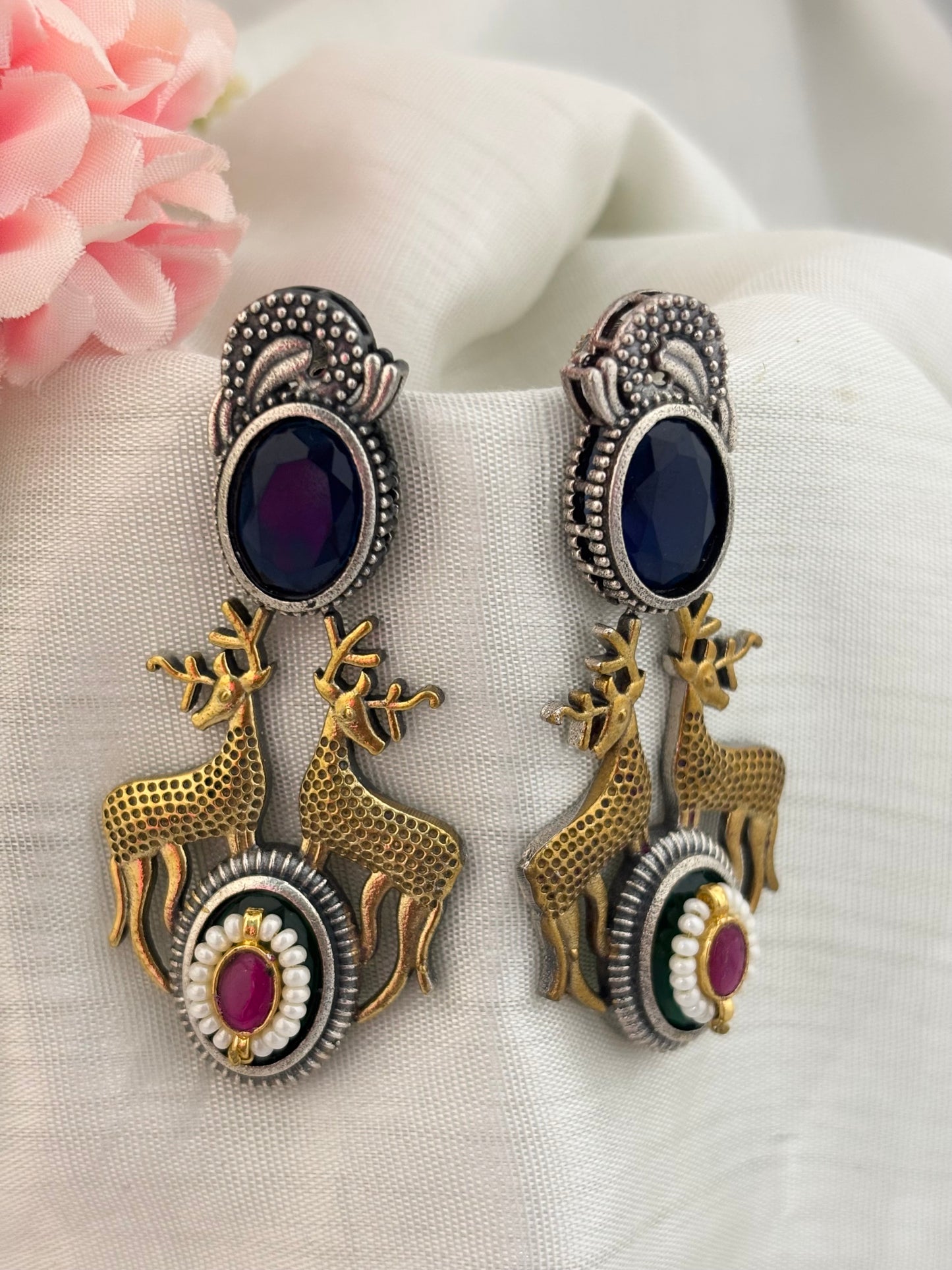 Mrignayani Silver Look Alike (Navy Blue) | Deer Motifs | Pachi Kundan