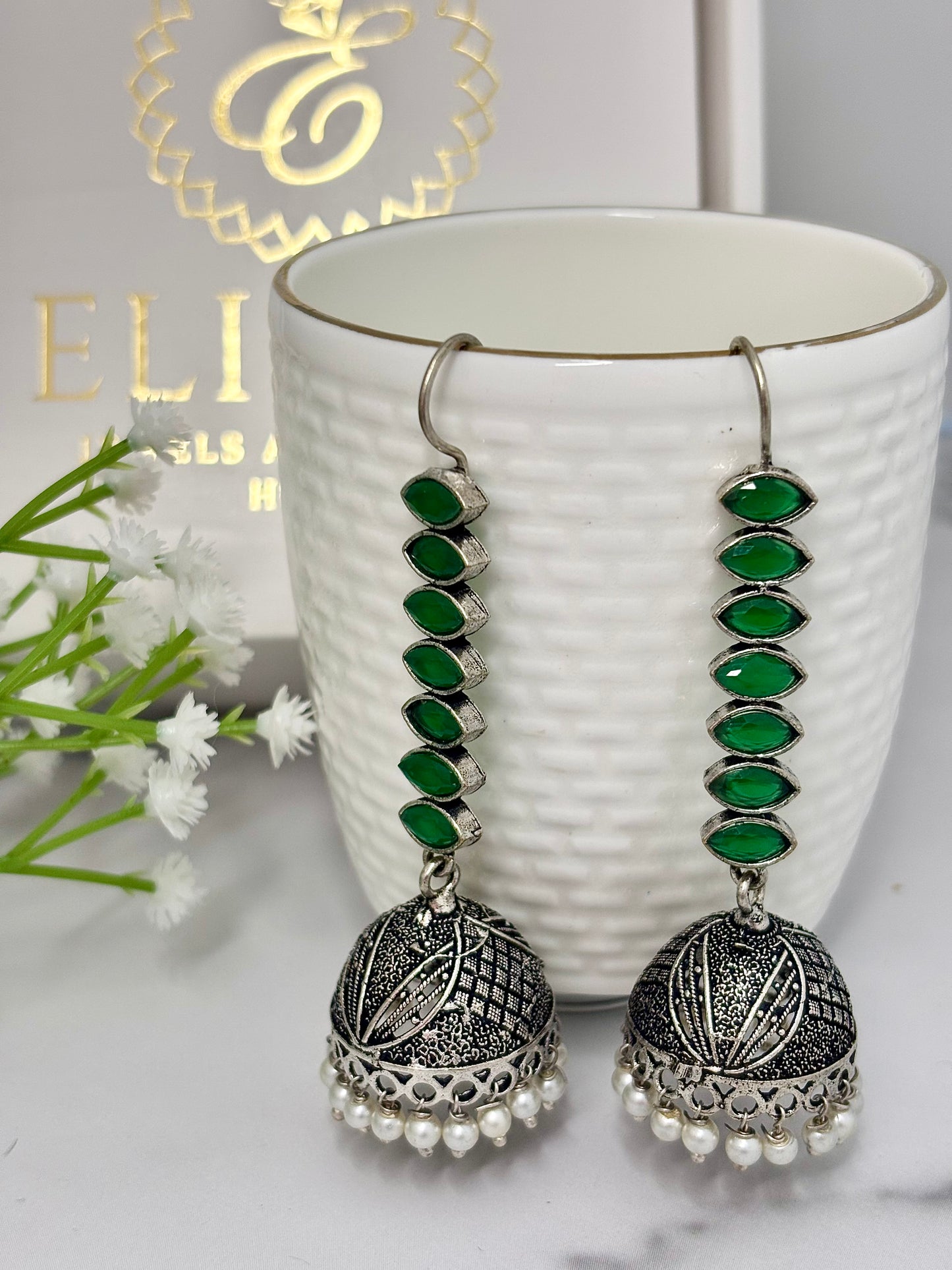 Zia Silver Jhumkas (Green)