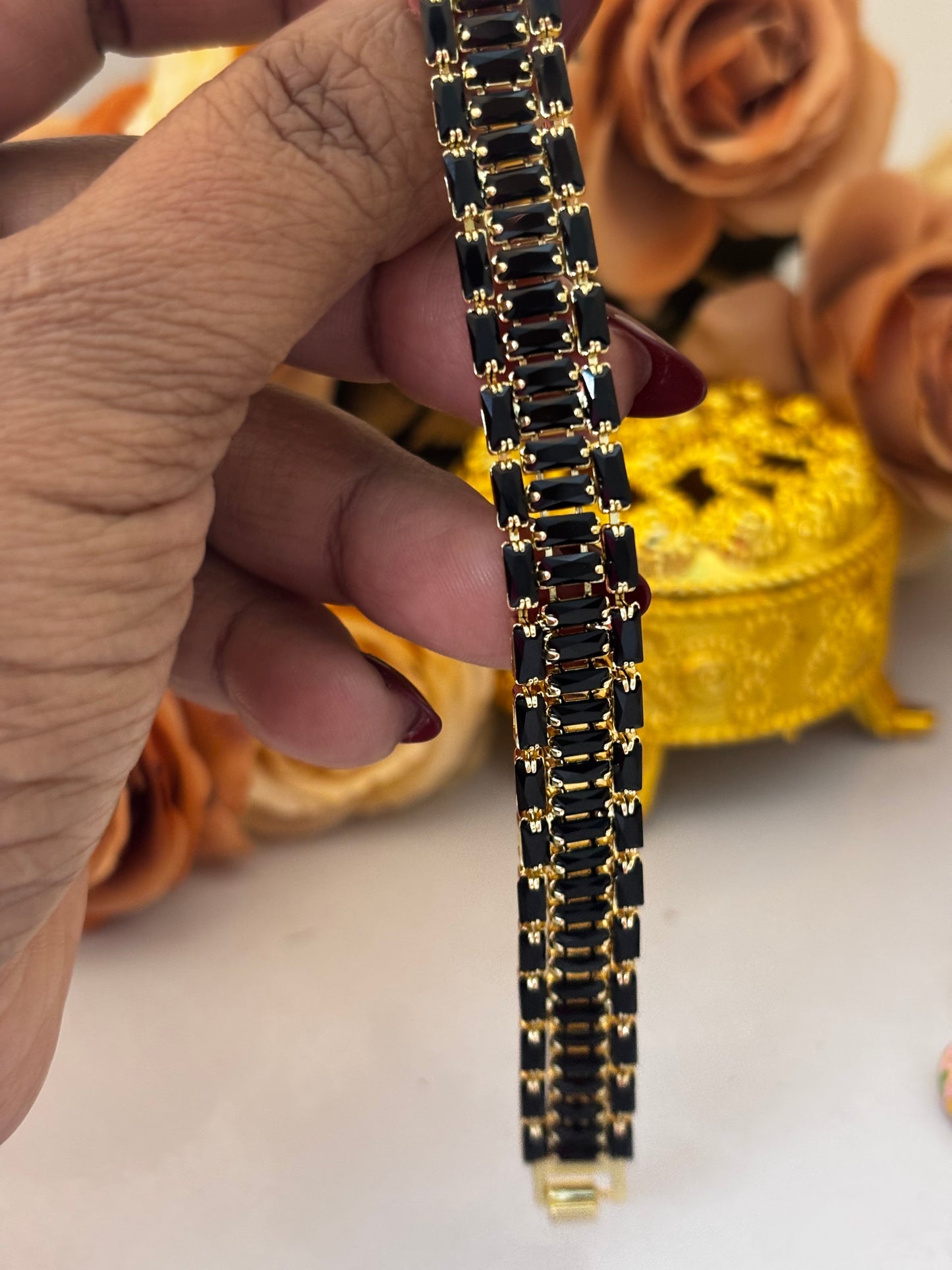 Black Baguette Crystal Tennis Bracelet – Gold Anti-Tarnish