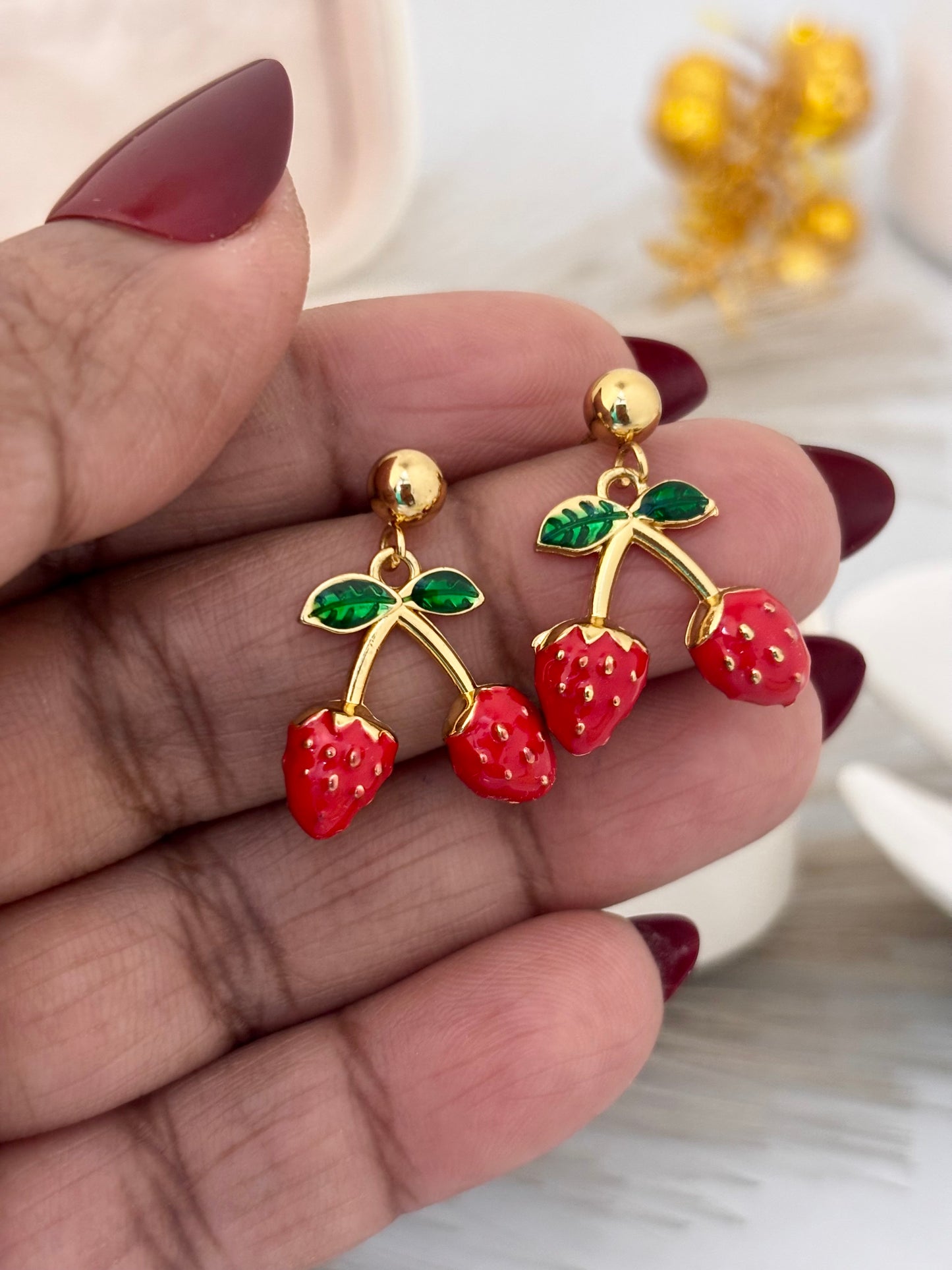 Playful Strawberry Dangle Earrings | Anti Tarnish Gold Plated