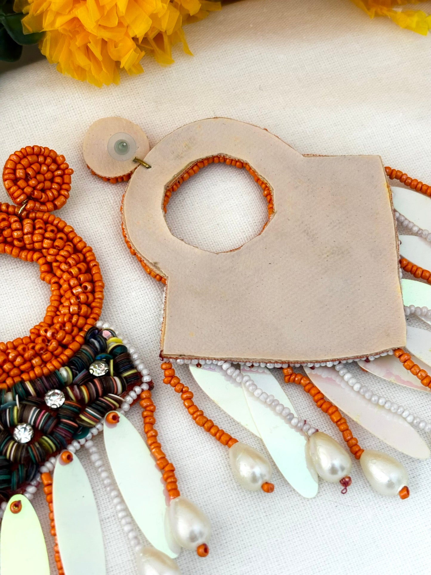 Handmade Orange Boho Tassel Beaded Statement Earrings