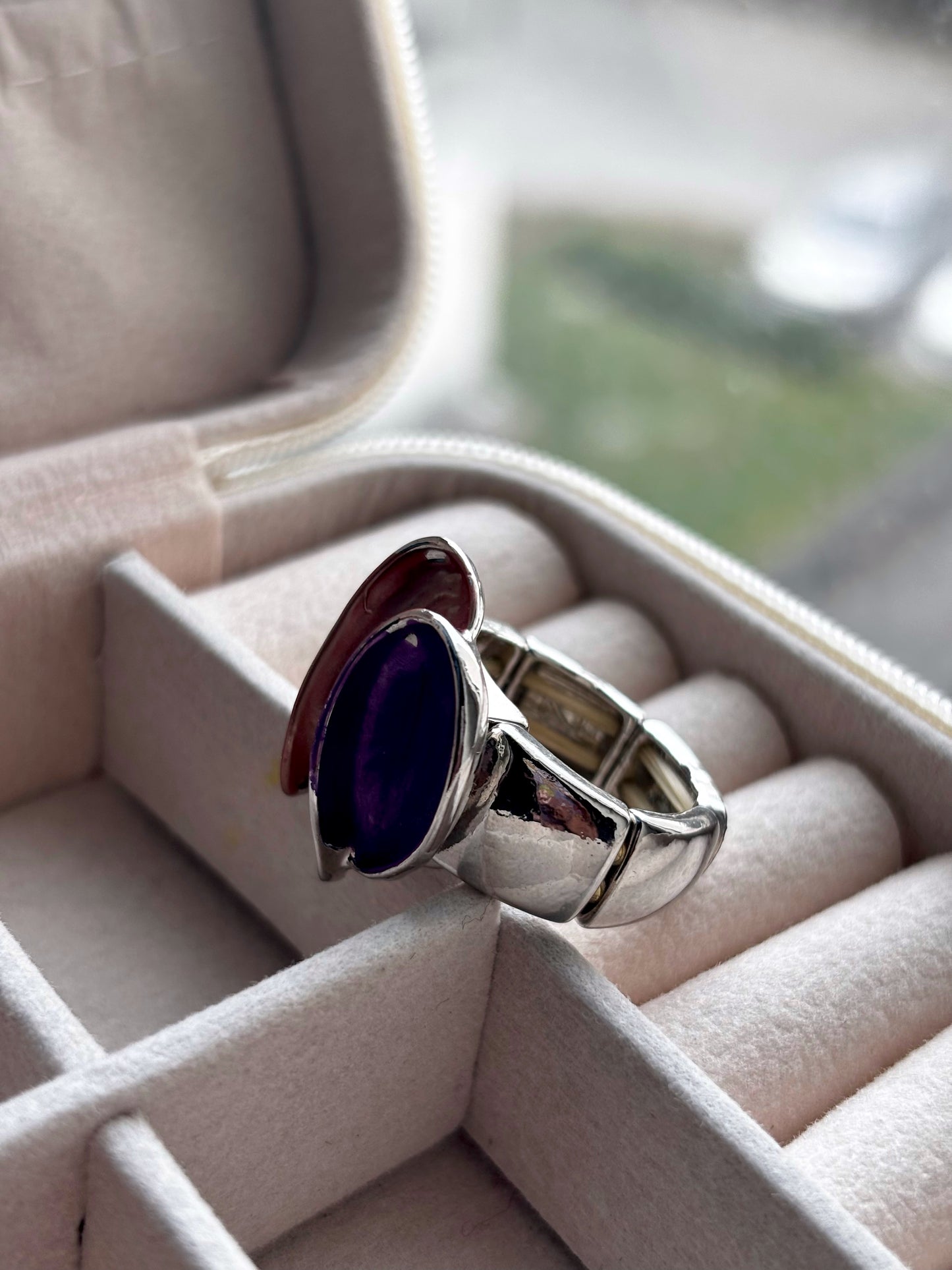 Sculptural Enamel Cocktail Statement Ring | Adjustable Silver Base