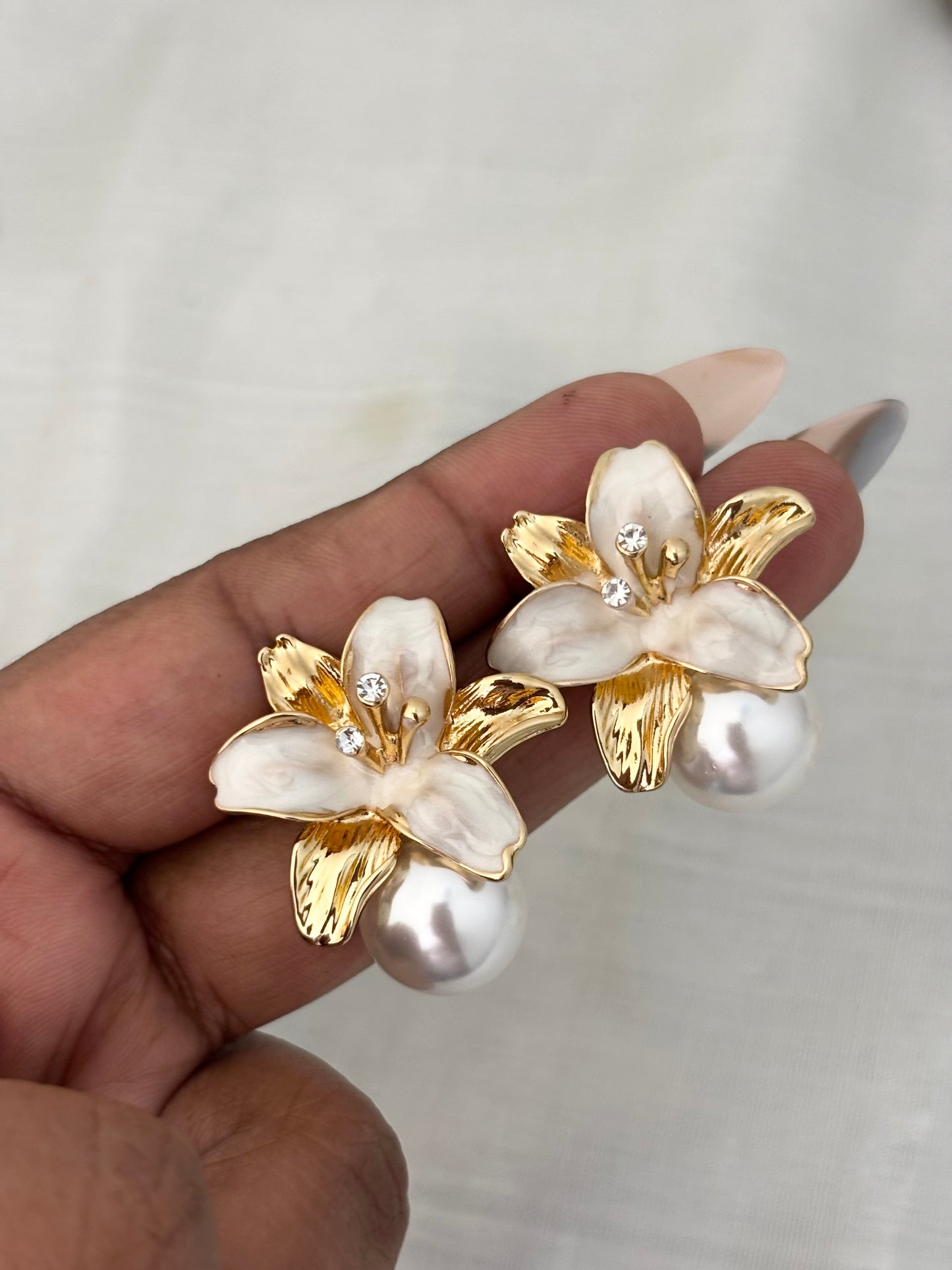 White Enamel Flower Pearl Earrings | Anti-Tarnish Gold Plated Studs