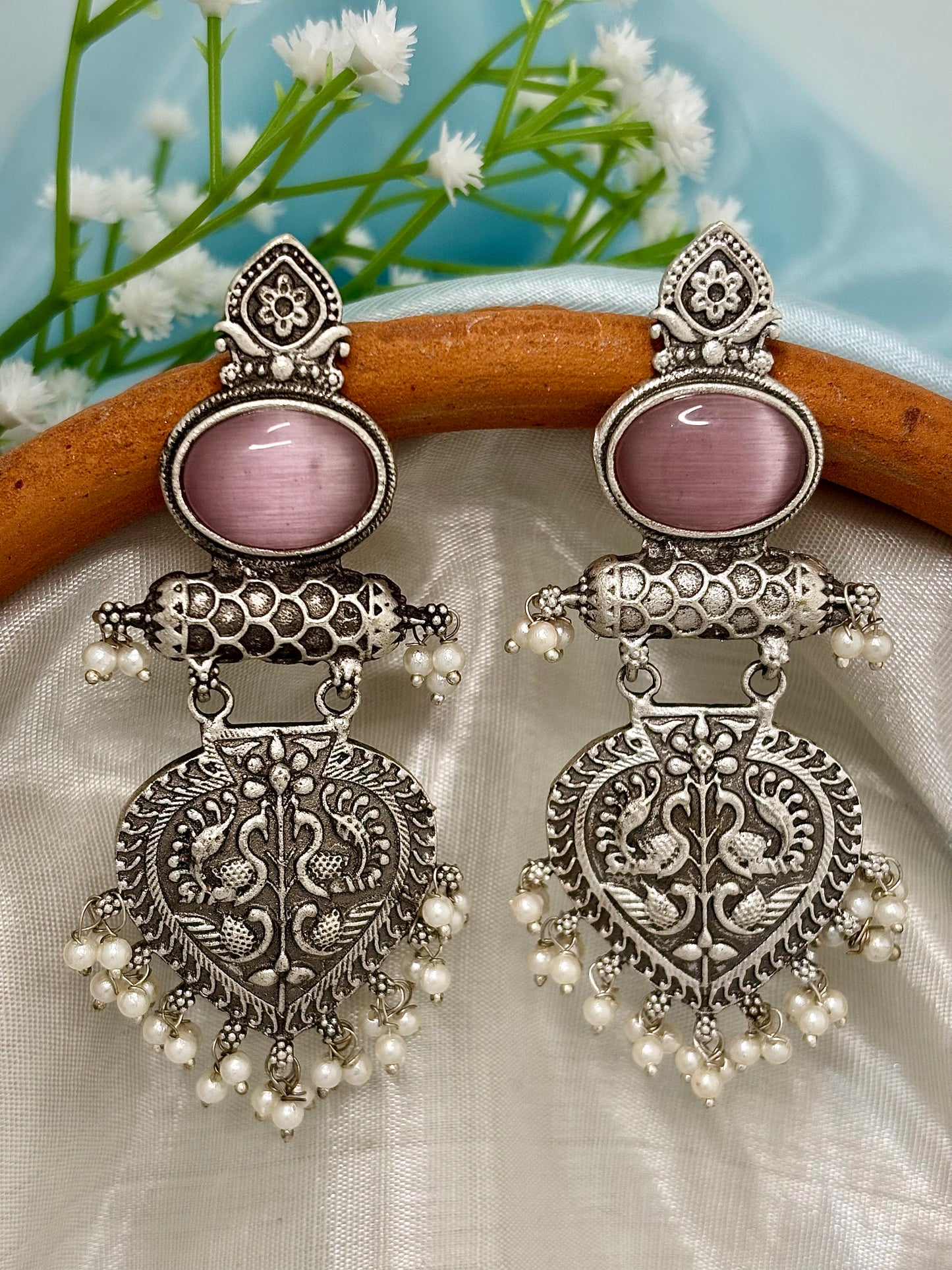 Ivara Jhumka | Silver Ethni Earrings (Pink)