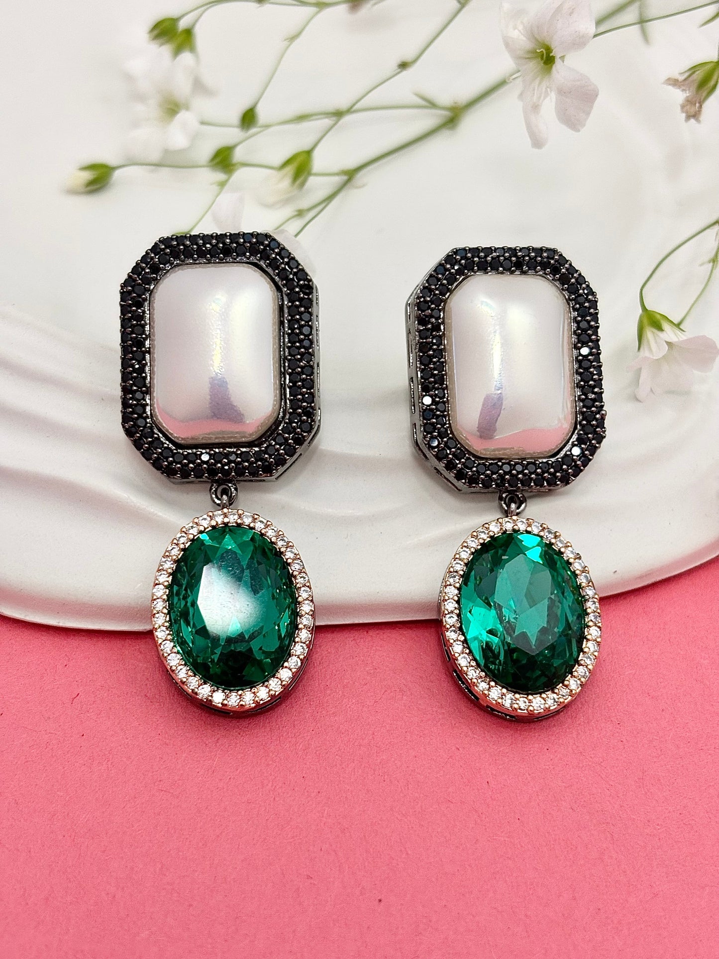 Iridescent Pearl & Emerald Green Drops Danglers