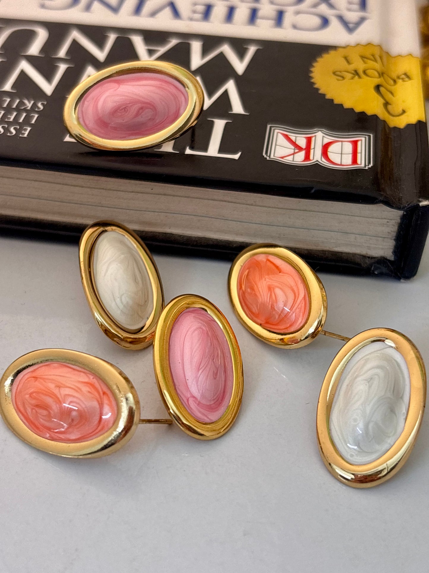 Classic White Oval Gold Plated Enamel Stud Earrings