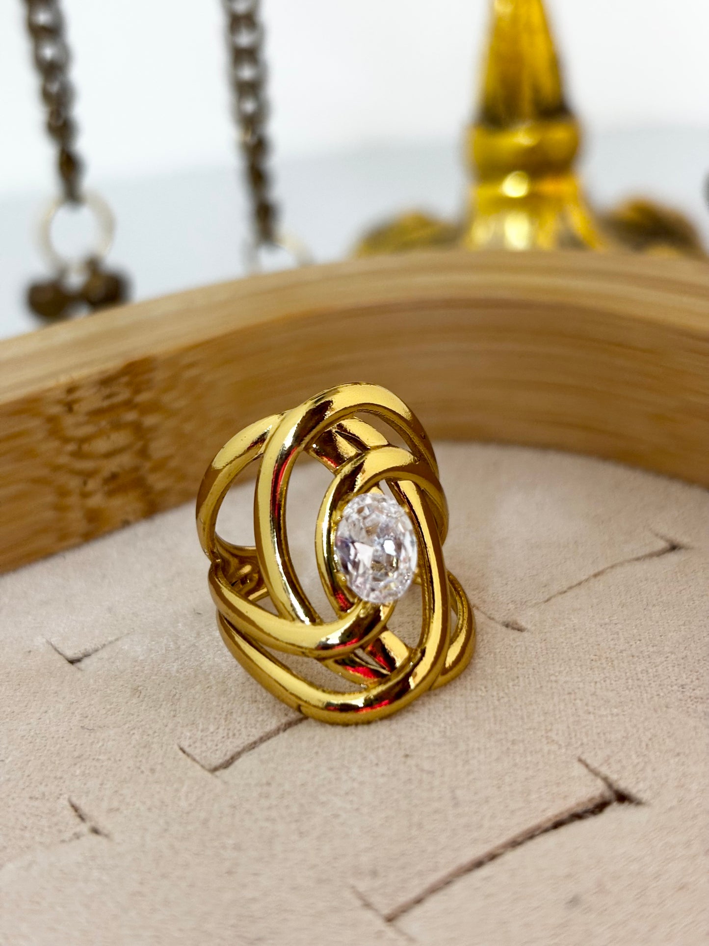 Oval Solitaire Interlinked Gold Ring for Women | Anti Tarnish Gold Plated Ring