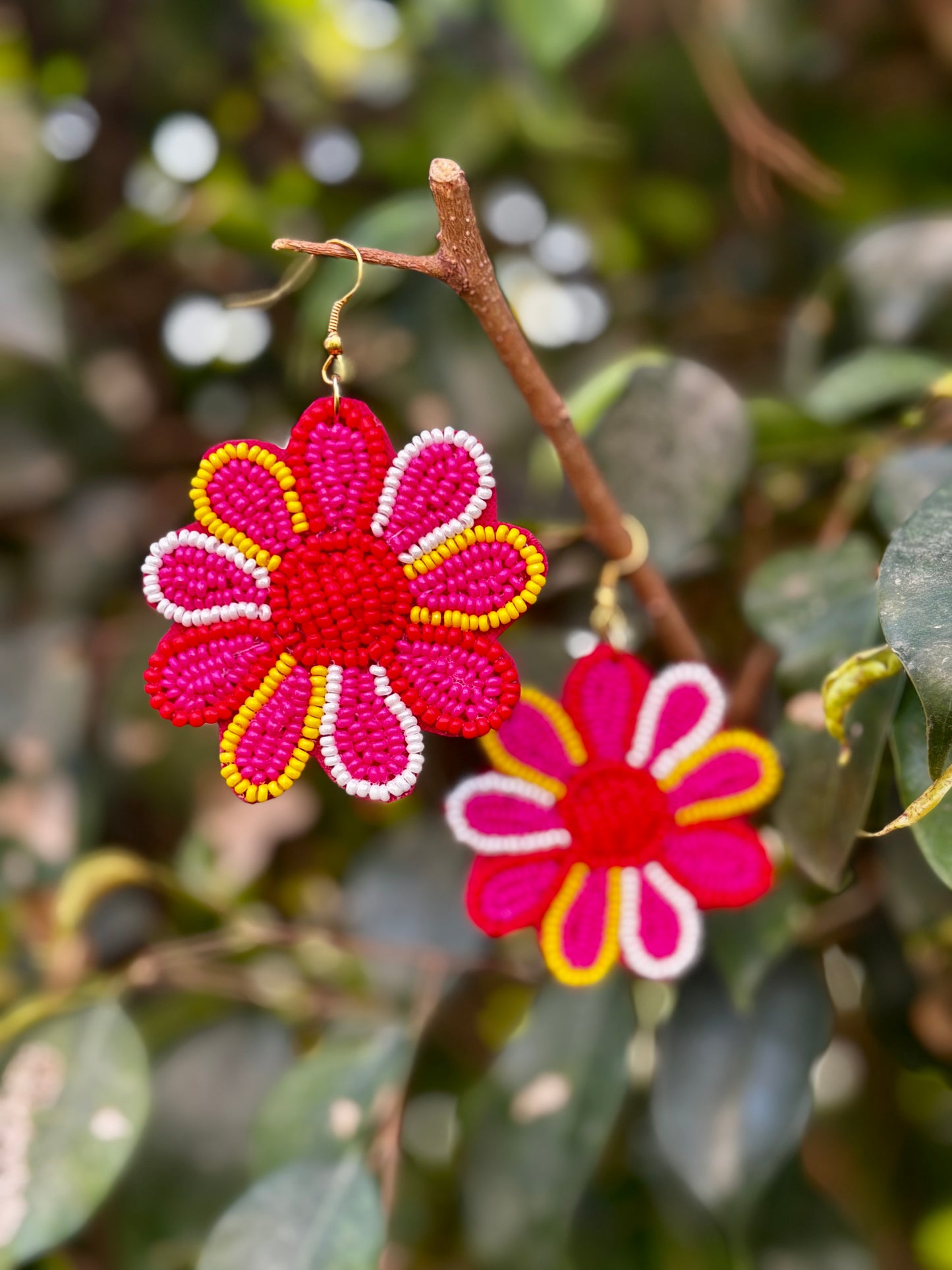 Fushia Beaded Petal Flower Earrings
