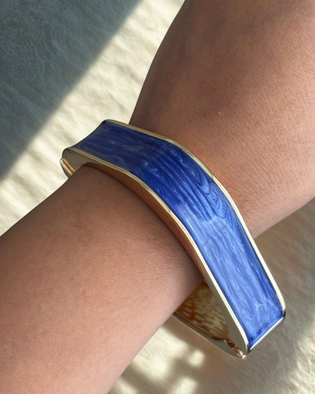 Blue Marbled Enamel Gold Cuff Bracelet
