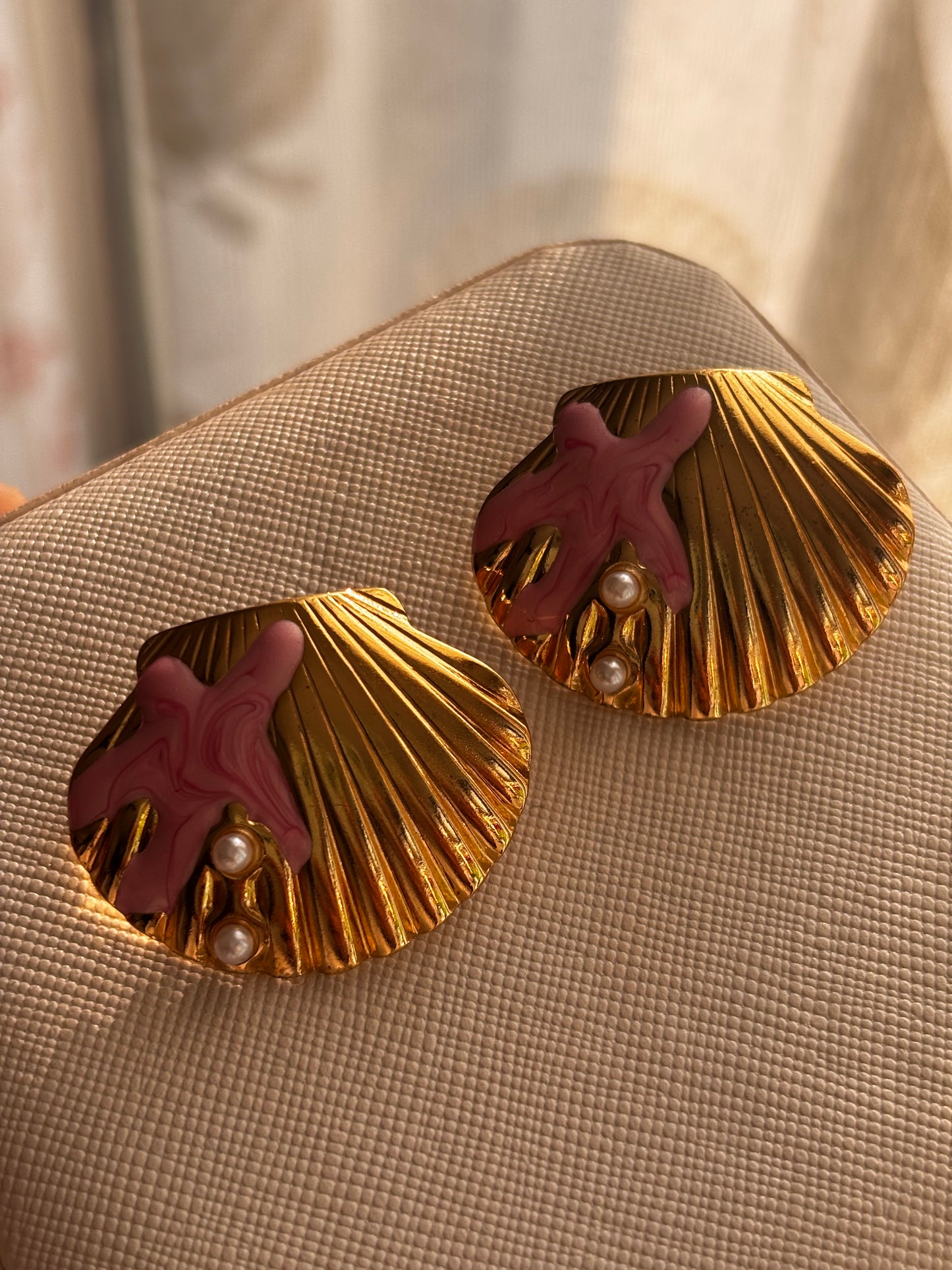 Ocean Shell Enamel Pearl Stud Earrings | Non-Tarnish Gold Plated