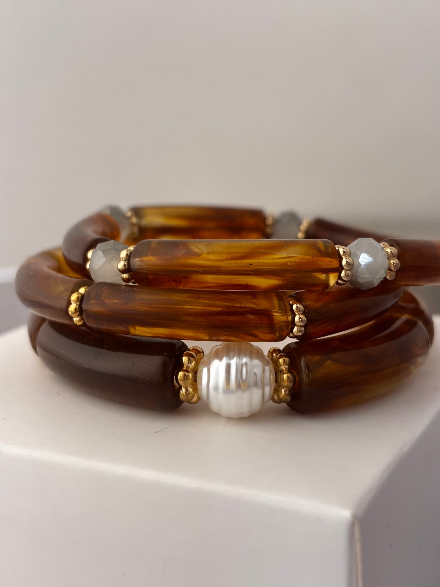 3 Piece Honey Pearl Acrylic Bracelet Stack | All size
