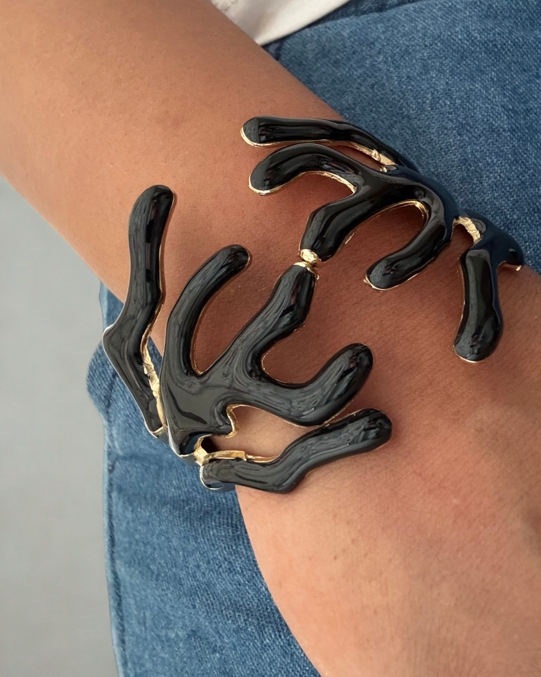 Black Enamel Coral Inspired Gold Cuff
