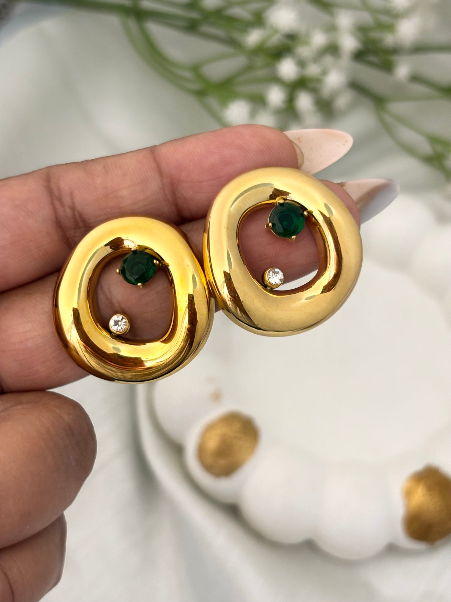 Opal Luxe | Anti Tarnish Chunky Round Studs with Emerald Zircon