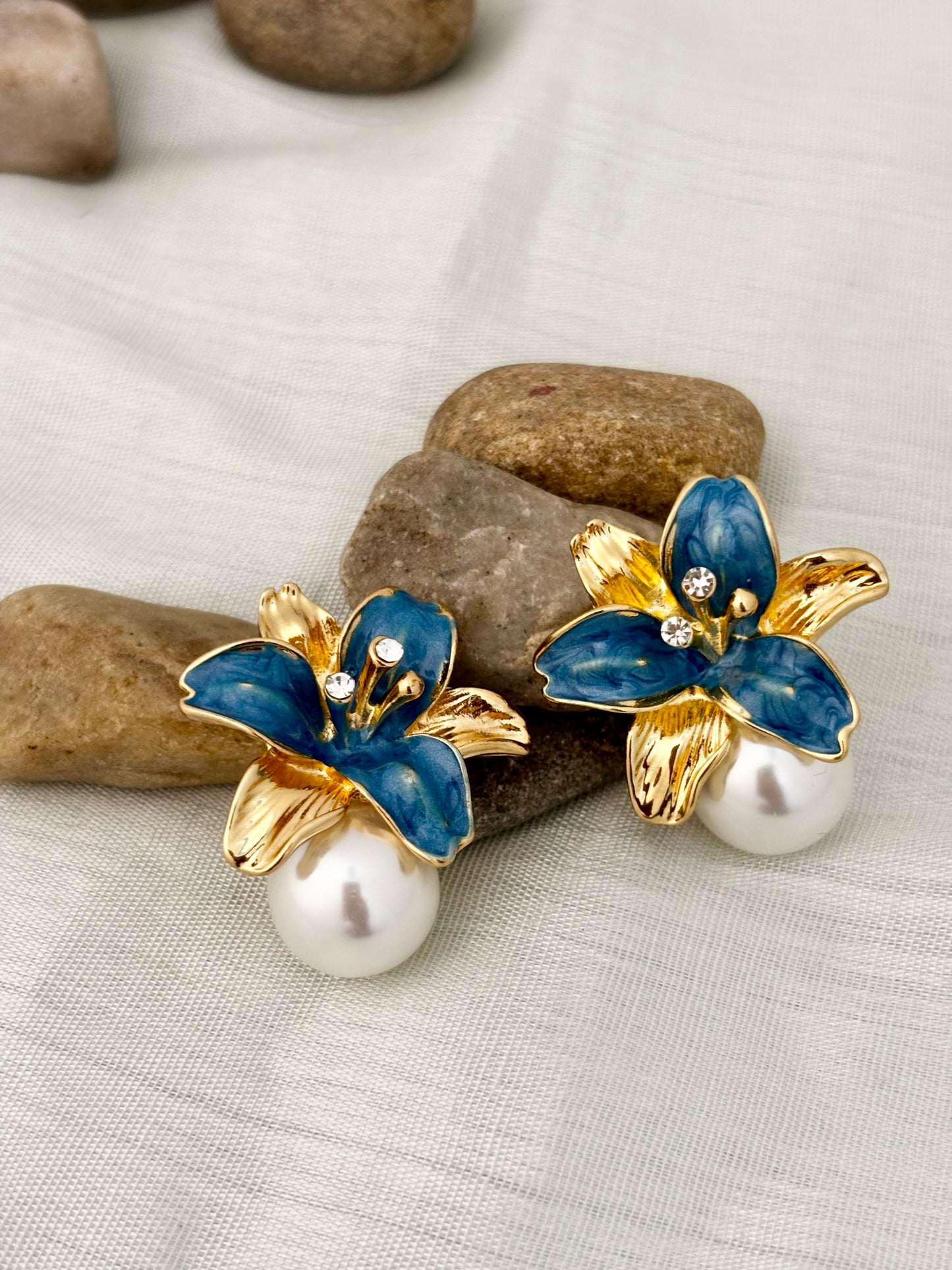 Blue Enamel Flower Pearl Earrings | Anti-Tarnish Gold Plated Studs
