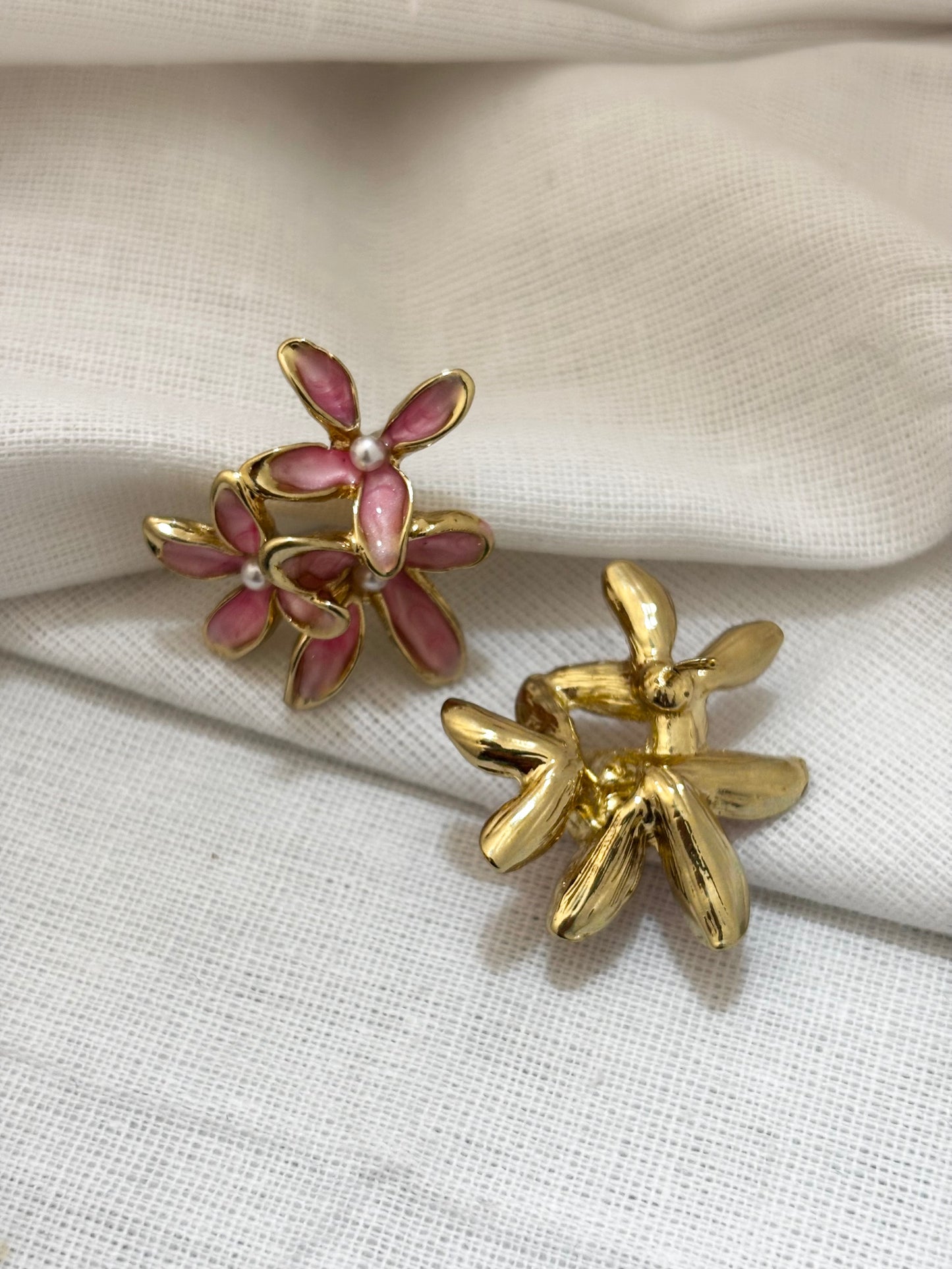 Pink Enamel Flower Cluster Earrings