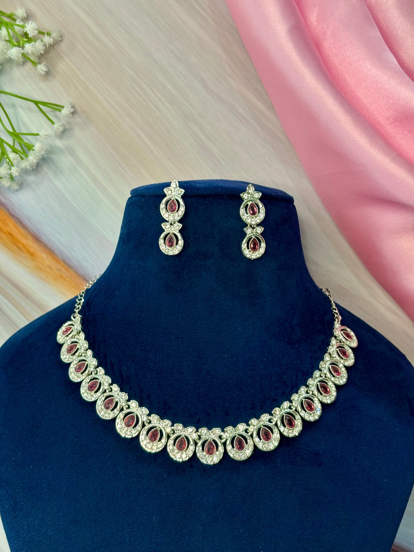 Ruby Drop American Diamond Necklace Set