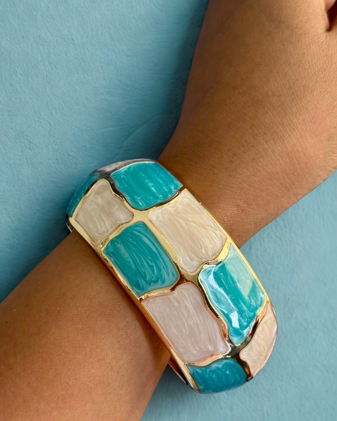Checkered Blue & White Chunky Gold Enamel Bracelet