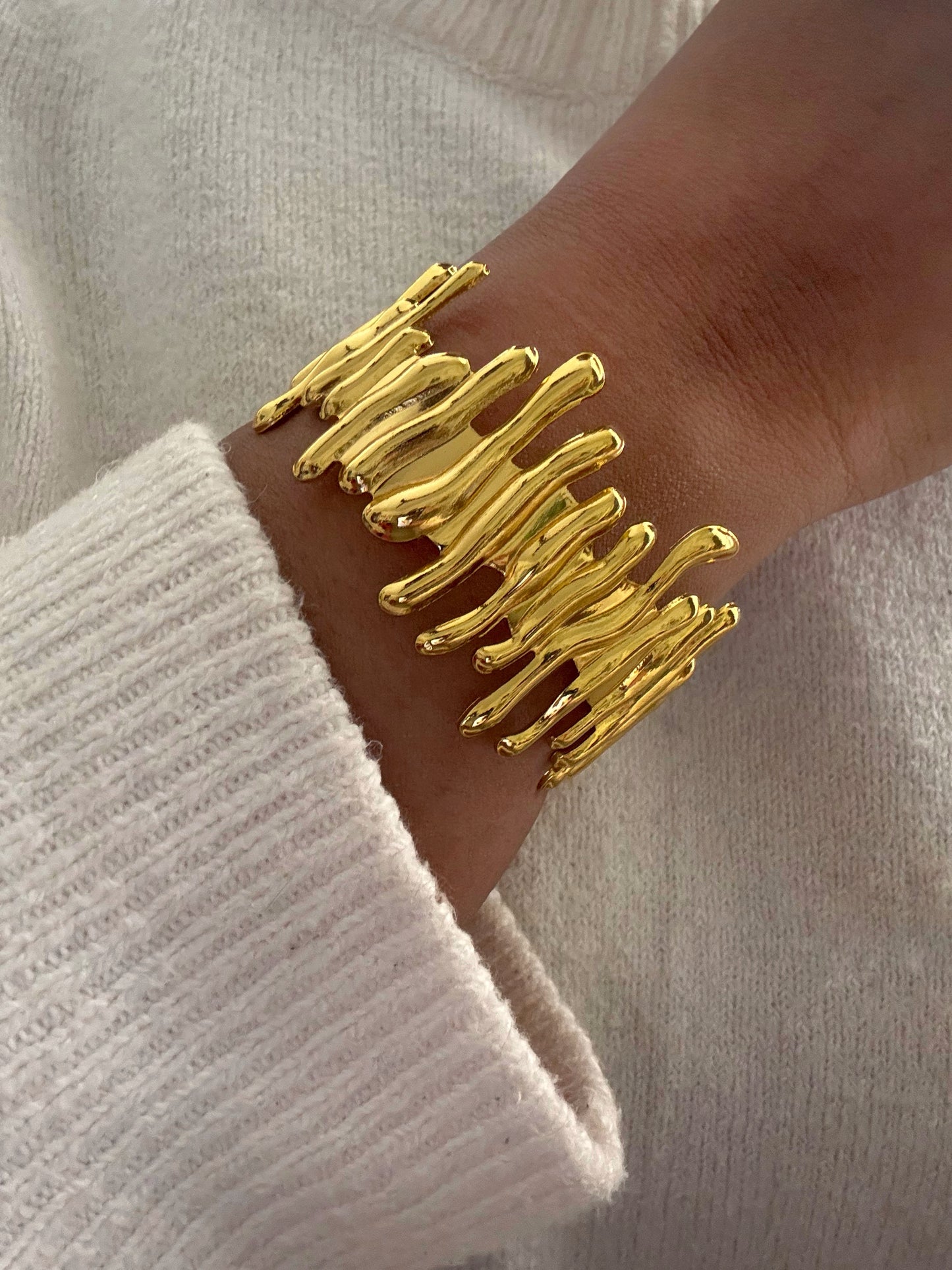 Adjustable Gold Toned Molten Metal Cuff Statement Bracelet for Women