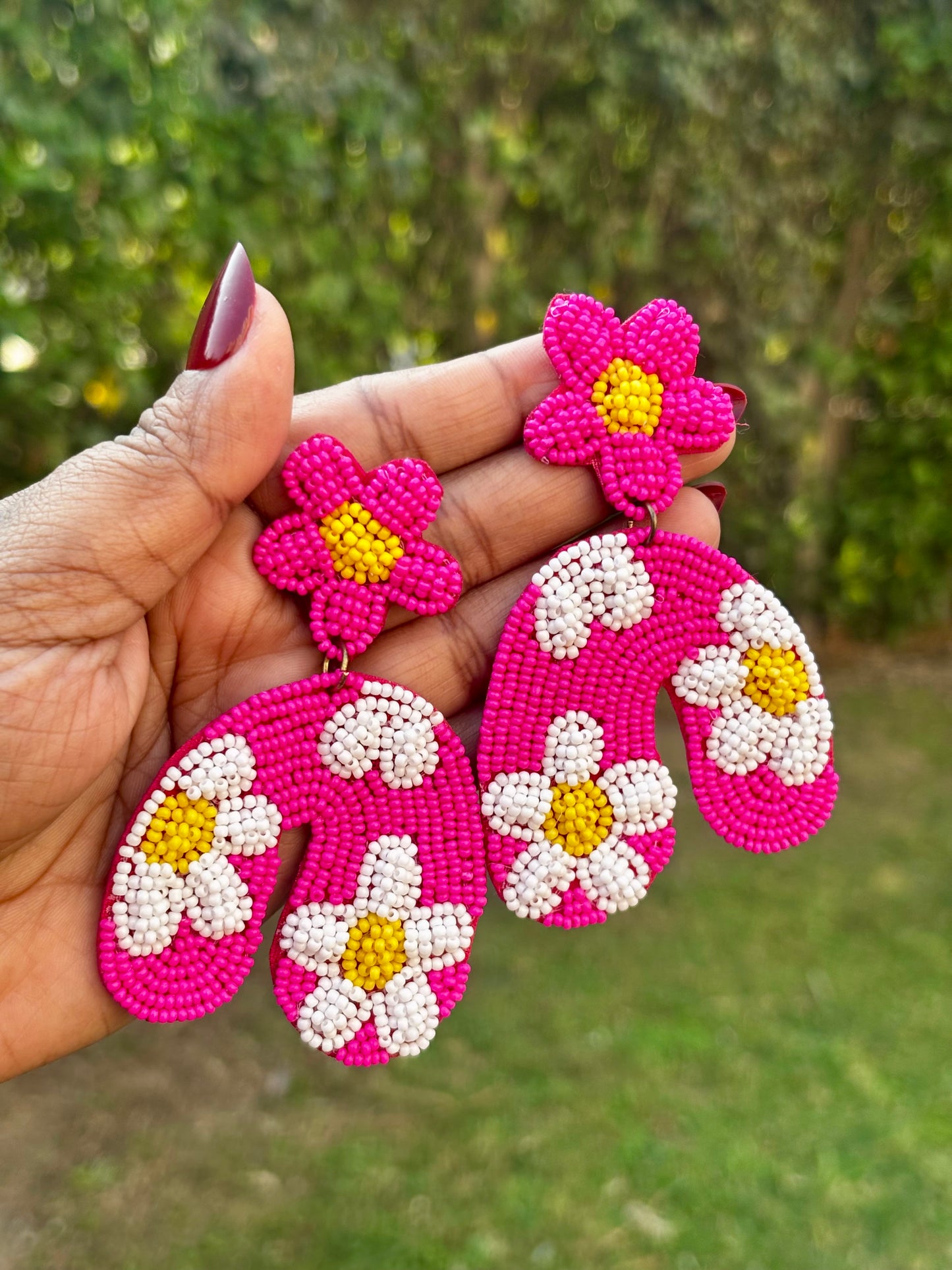 Fushia Beaded Petal Flower Earrings